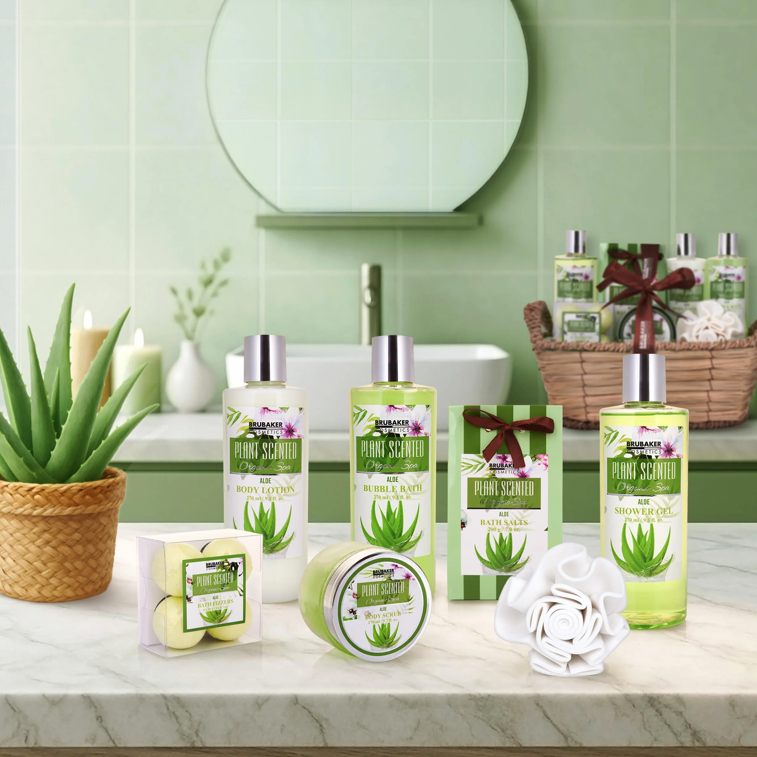 BRUBAKER Cosmetics Set de Regalo de Baño y Ducha Aloe Vera 11 piezas Cesta Mimbre Spa Kit