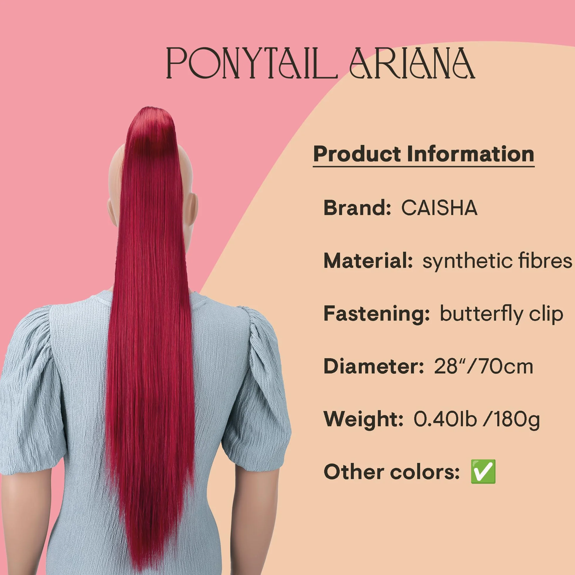 CAISHA Postizo Trenza Cola De Caballo Liso 70 cm Extensiones Cabello Rojo H100