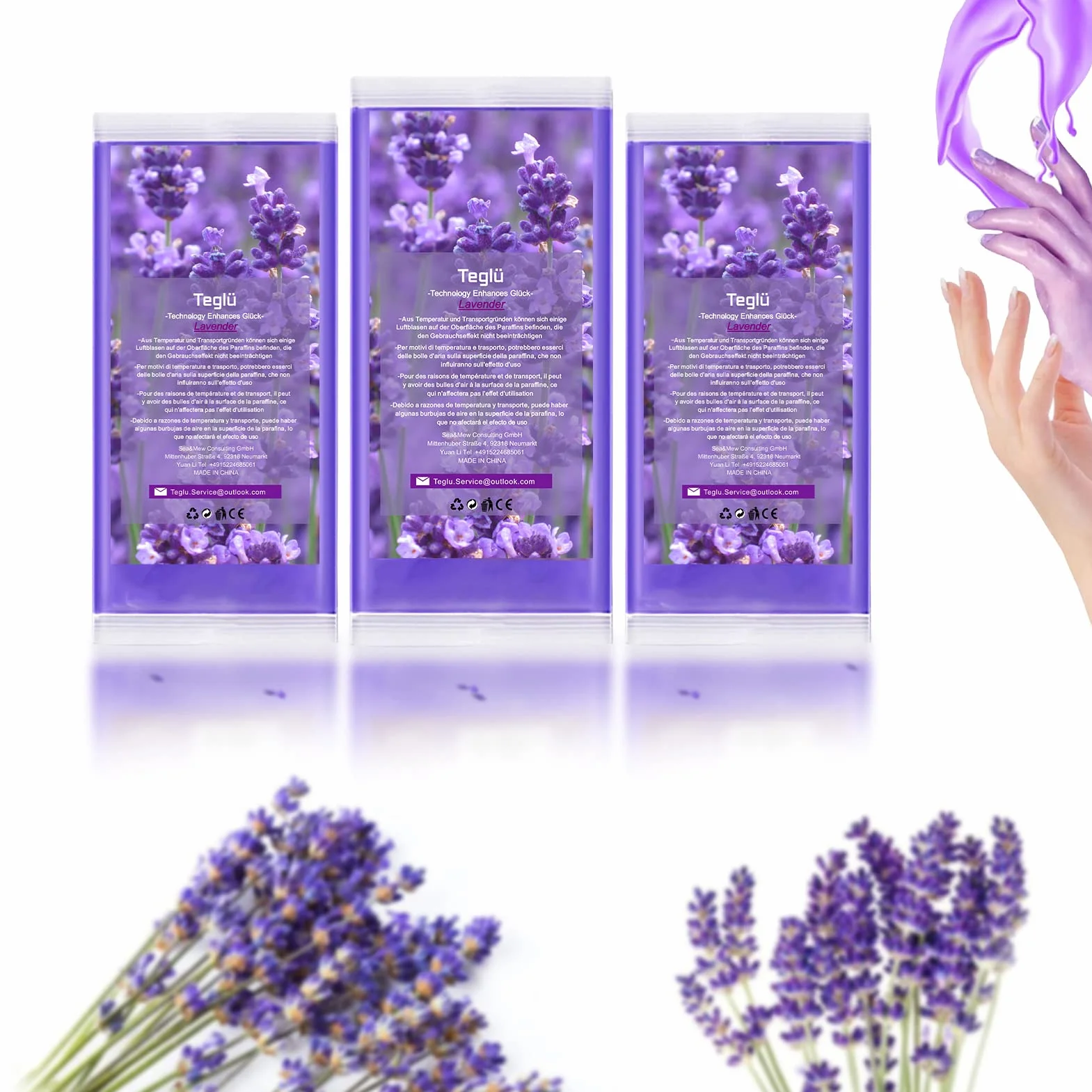 Cera de parafina 3 x 450G (1350g) para baños de parafina para manos y pies, Lavanda