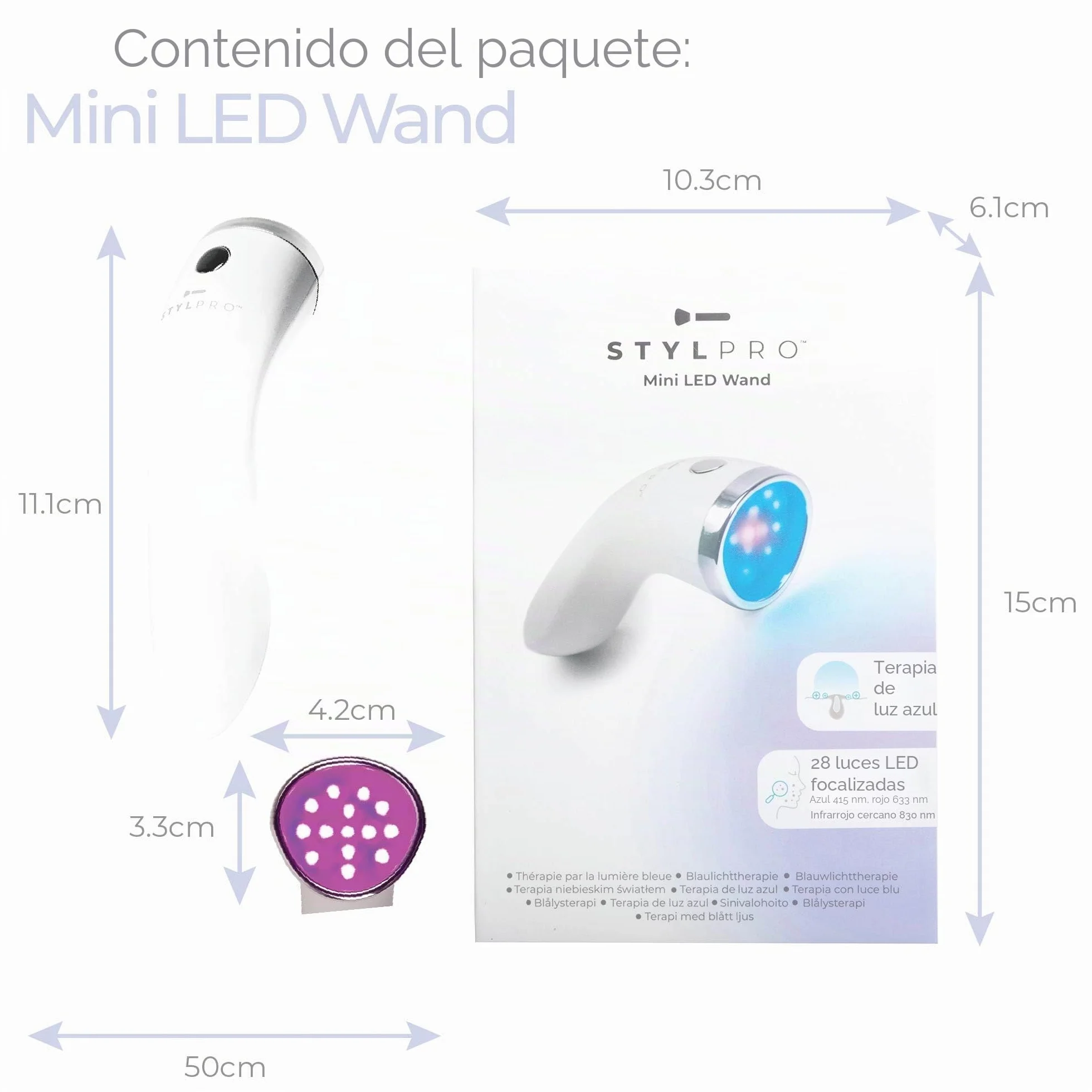STYLPRO Mini varita mágica LED – Terapia de luz azul para acné y piel, ayuda con imperfecciones, espinillas, inflamación, enrojecimiento, 3 modos, 28 x LED de alta potencia, azul, rojo, NIR
