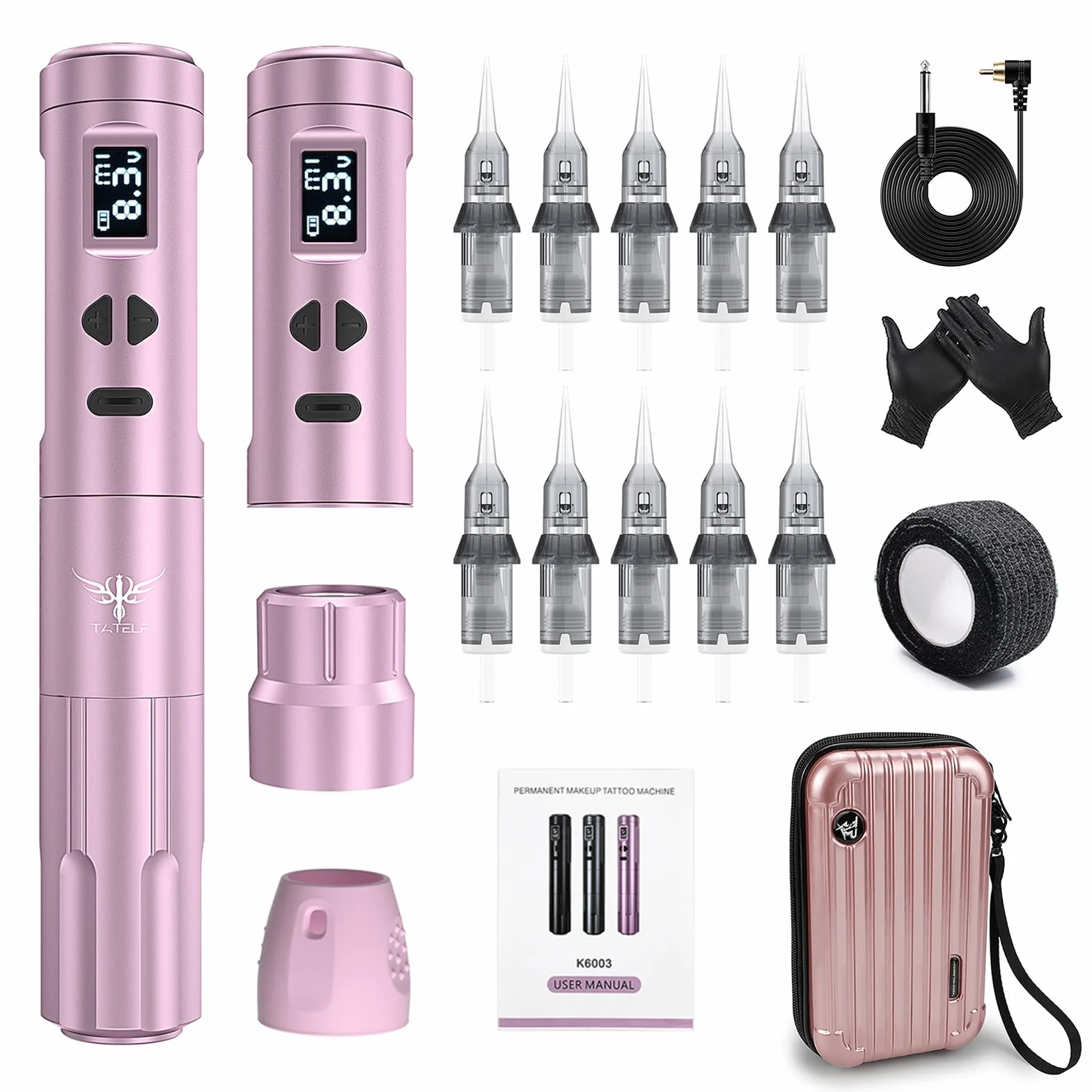 TATELF Kit de máquina de maquillaje semipermanent de Inalambrica con 2 Batería de Alimentación 10 cartuchos agujas para principiantes (Rosa)