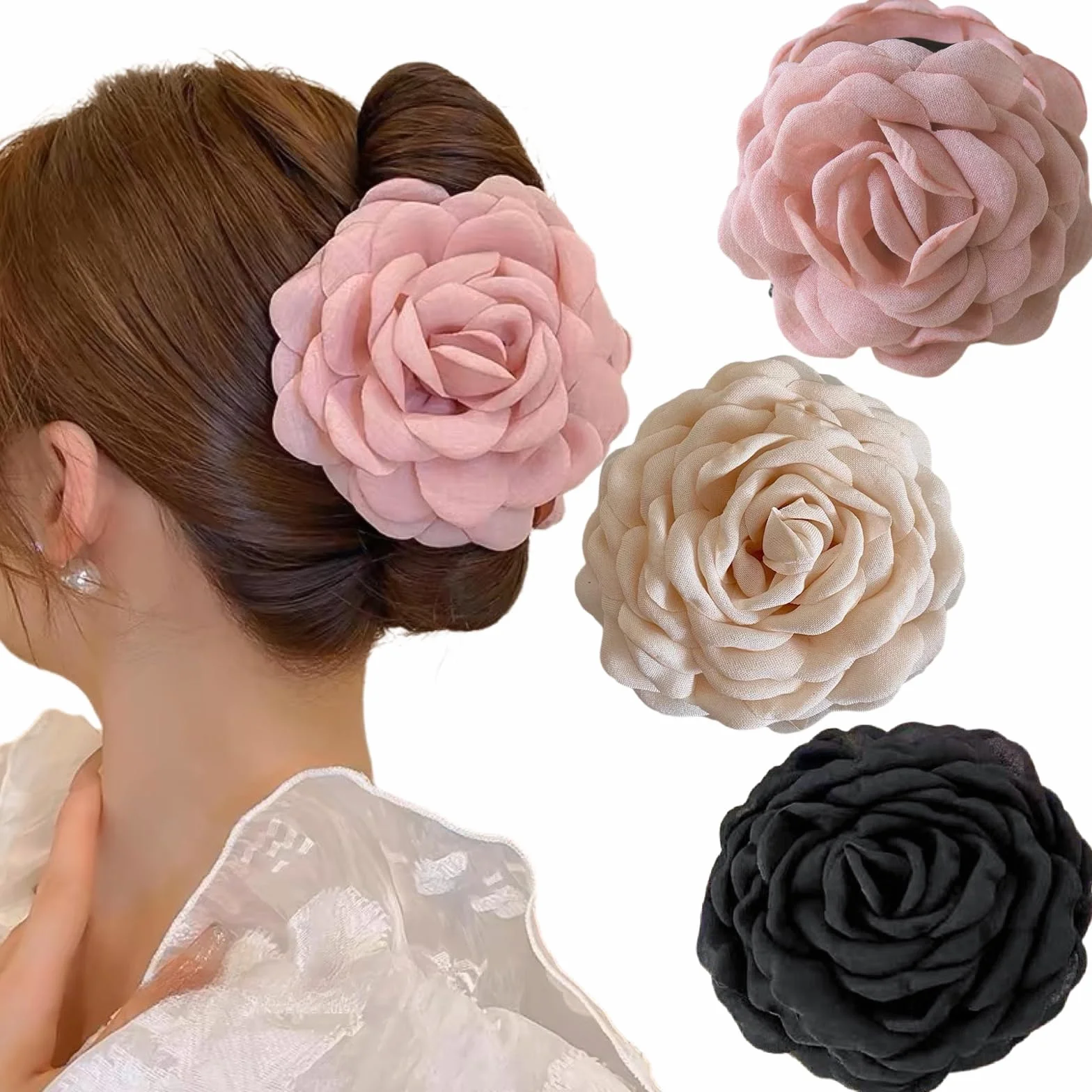 Juego de 3 pinzas grandes para el pelo diseño rosa negro beige claro