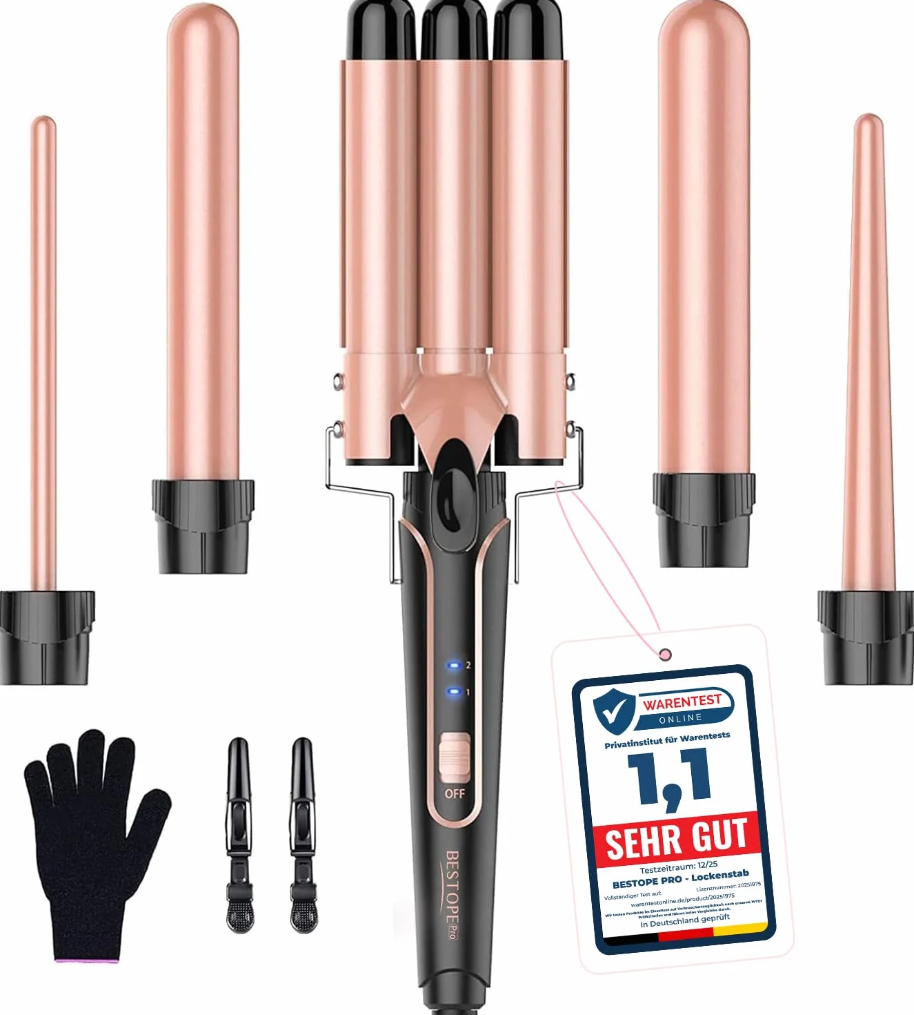 BESTOPE PRO Juego de plancha ondulada 5 en 1: cuenta con 3 barriles de cerámica para crear olas grandes, incluido un ajuste de temperatura, calentamiento rápido y un guante, 2 clips, oro rosa