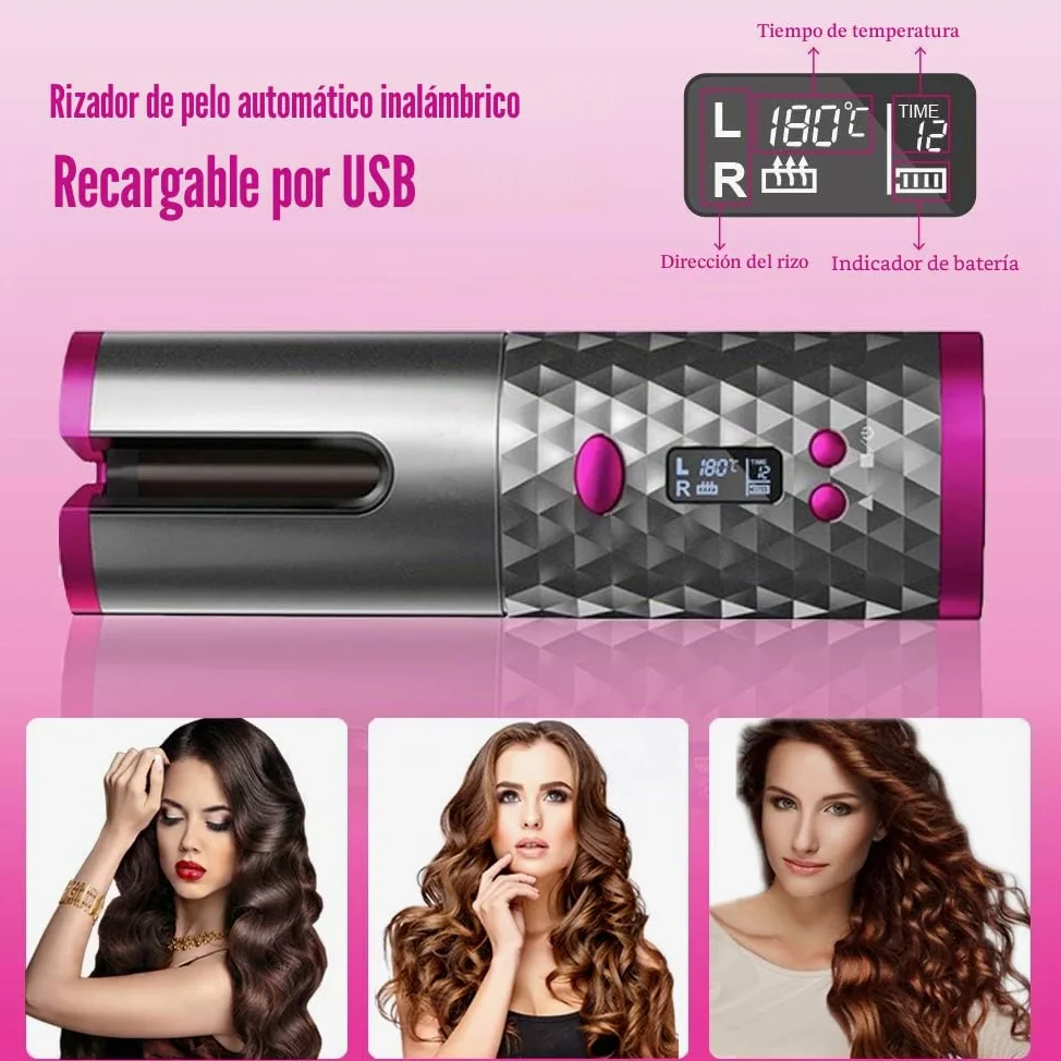 Rizador pelo Automático, Inalámbrico, Ondas, Ondulador Rizos, Portátil Barril de Cerámica de Calentamiento Rápido con Temperatura y Temporizador Ajustables.