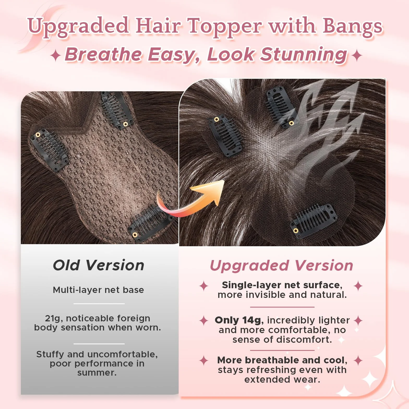 SEGOHAIR Tope de pelo humano para mujeres con flequillo Wispy, 7 x 11 cm, para cabello fino, con cobertura 3D de 360° y base cosida a mano, 14 g, color marrón medio