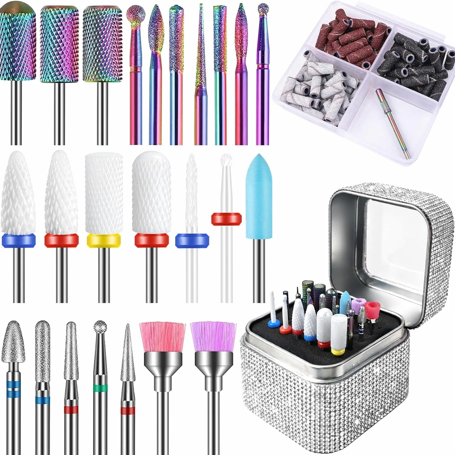 Depvko Juego de 25 brocas para uñas con estuche plateado y 50 bandas de lijado, 3/32'' fresas torno para uñas herramienta para quitar cutículas carburo diamante cerámica para esmalte de uñas, salón