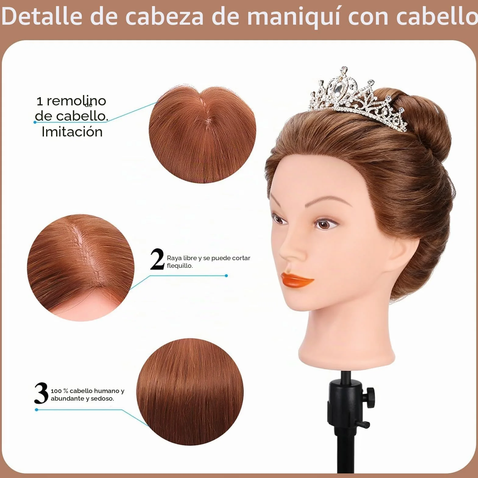 TopDirect 18" Cabeza de Maniquí Cabello Humano Real para Practicas Peluquería con Soporte de Mesa
