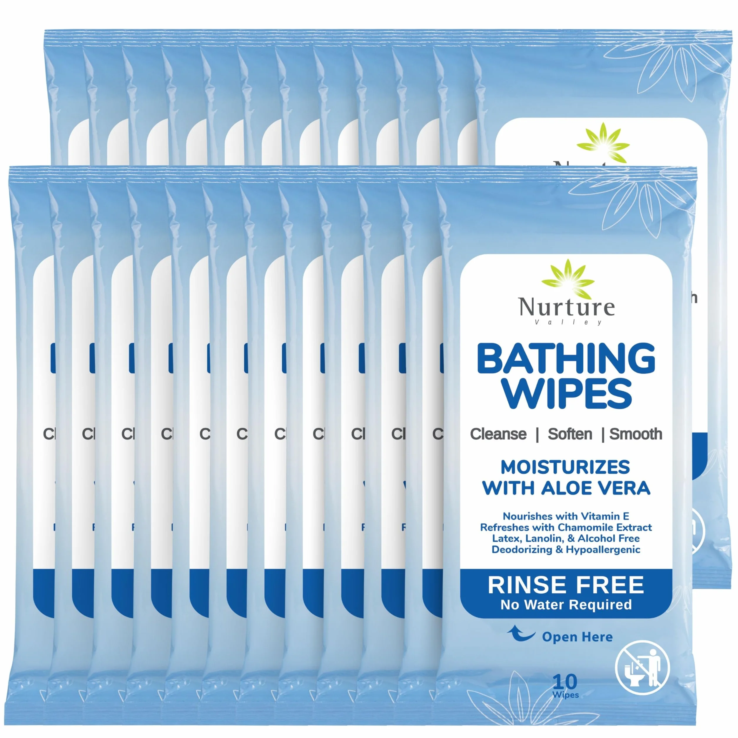 Nurture Valley Toallitas de Baño Sin Enjuague | 192 Paños de Baño para Adultos Aptos para Microondas con Aloe Vera y Vitamina E - Toallitas de Baño Limpiadoras Sin Agua - 24 Paquetes de 8 Toallitas