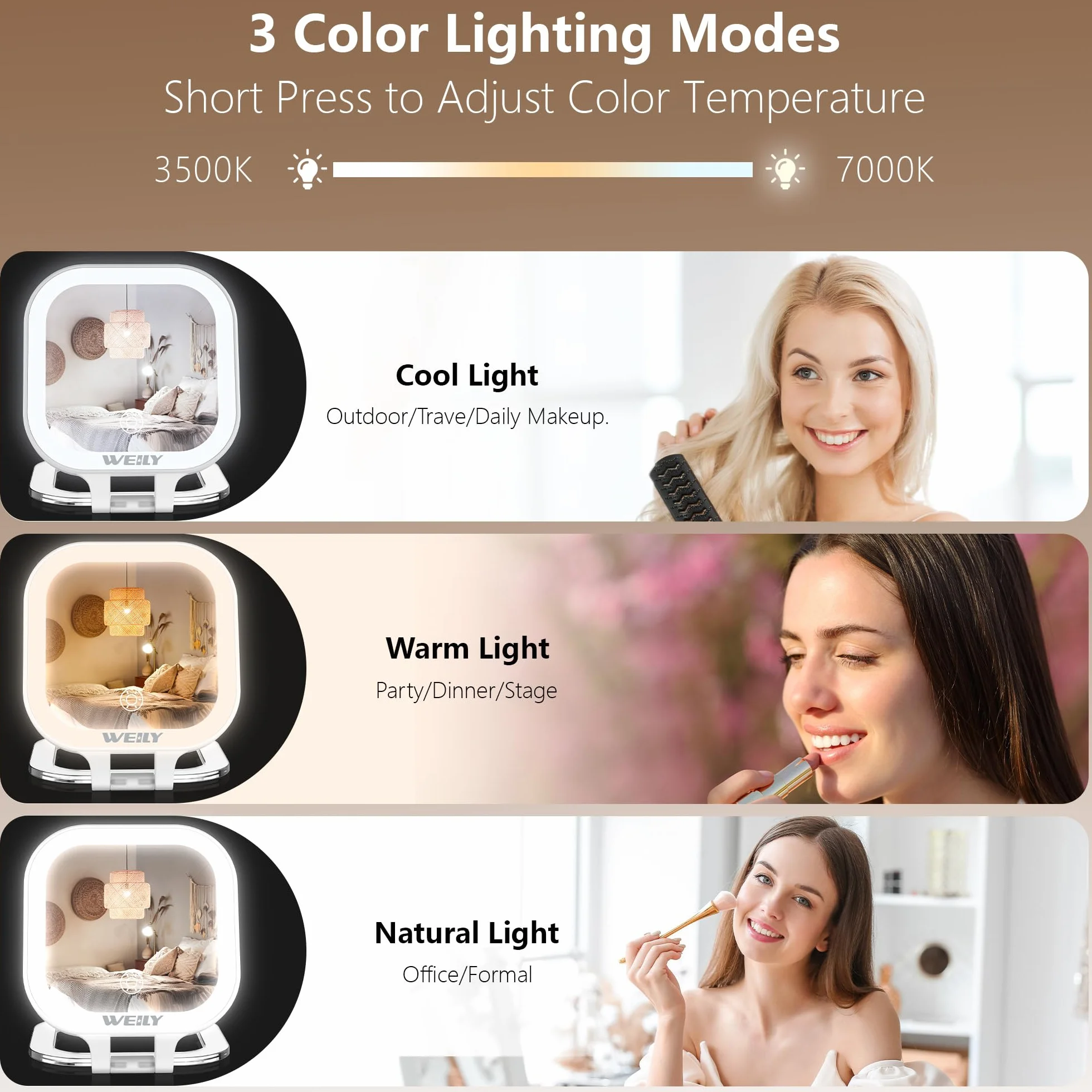WEILY Espejo Maquillaje con Luz, 1X/10X Doble Cara Aumento, Espejo de Viaje con 3 Luces de Color y Control Táctil, Recargable USB Blanco