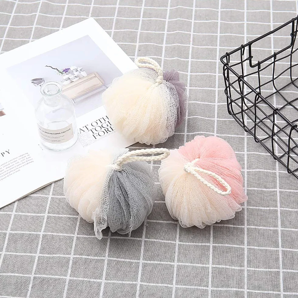 AKAZI Esponja de Esponja Vegetal para baño, 3 uds, Malla para Ducha, Bola de Ducha, Mini Exfoliante, Limpieza Profunda, Suministros de baño Suaves