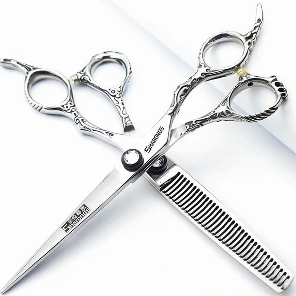 6/6.5/7 pulgadas tijeras de peluquería 440c alta dureza patrón fino profesional salón peluquería corte de pelo y adelgazamiento peinado poda herramienta (6 pulgadas 2 piezas set)
