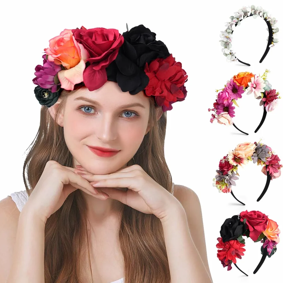 LOPHE Diadema tiara grande de rosas para novia corona de flores mexicanas floral