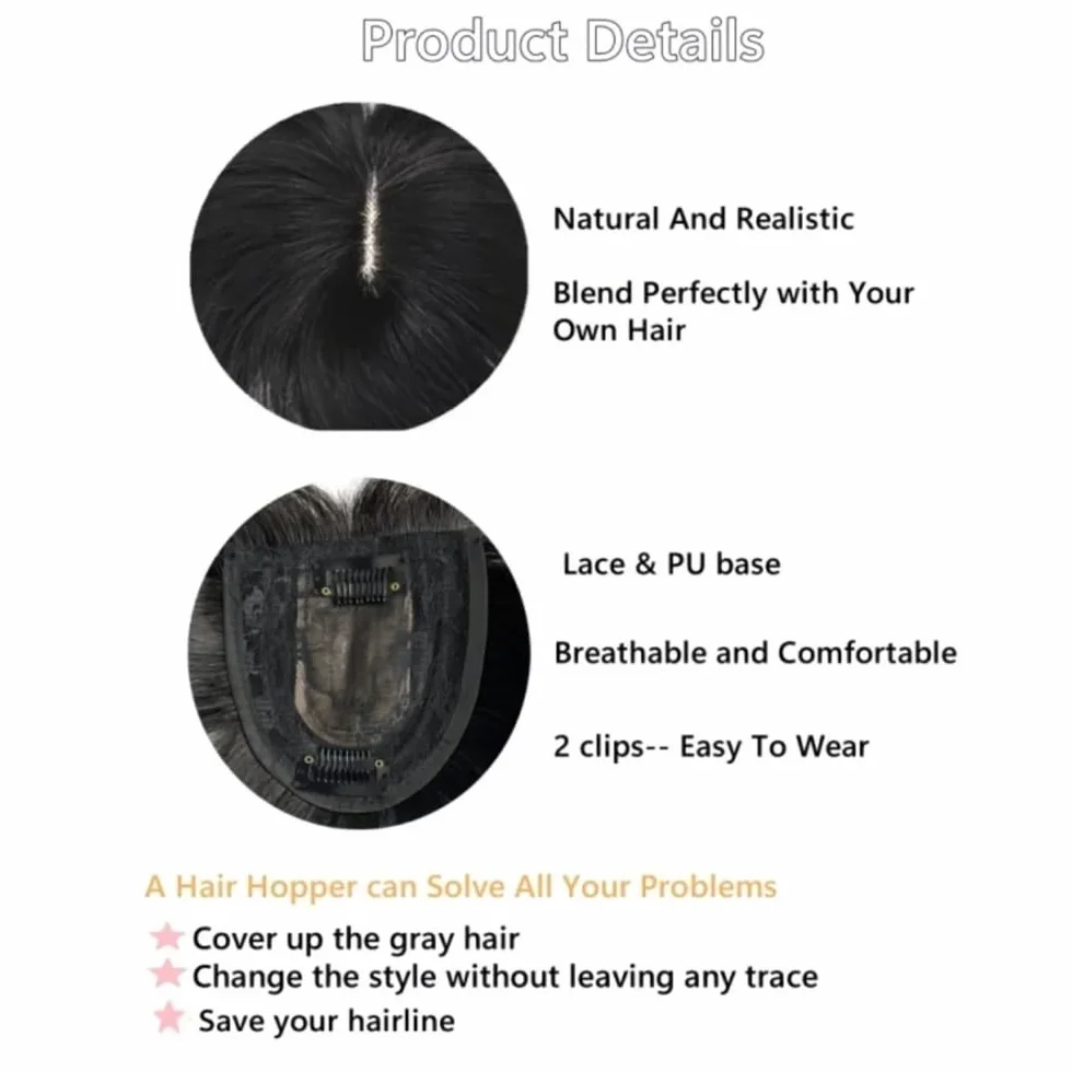 Extensiones de cabello humano natural de 8x10 cm for mujer, con clips finos y encaje suizo for cubrir la calvicie o las canas. 15 cm para mujeres encantadoras(Natural Black)