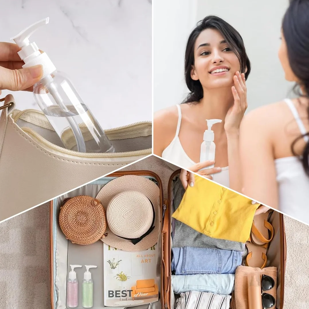 Botellas de Viaje Transparentes 100ml Rellenables con Bomba de Plástico para Loción Champú