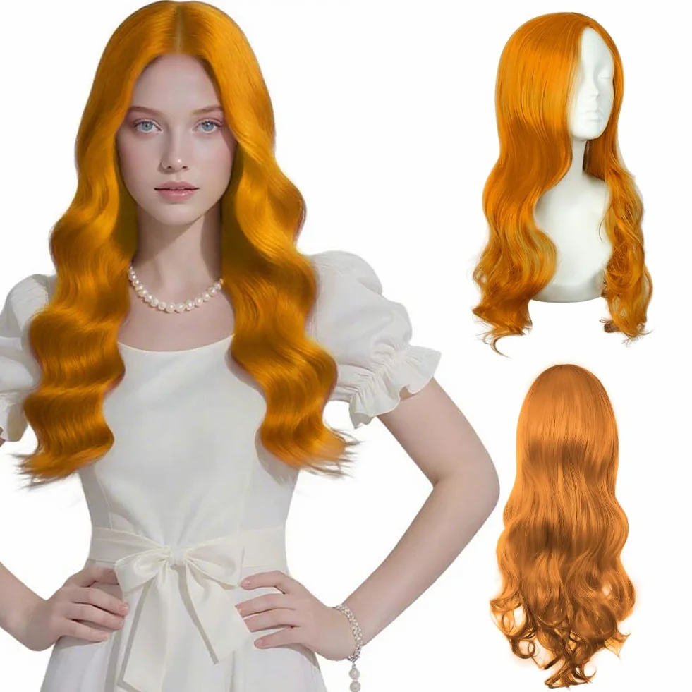 AUYAO Peluca Naranja Larga Onduladas Fibra Resistente Calor para Mujer Cosplay Fiesta
