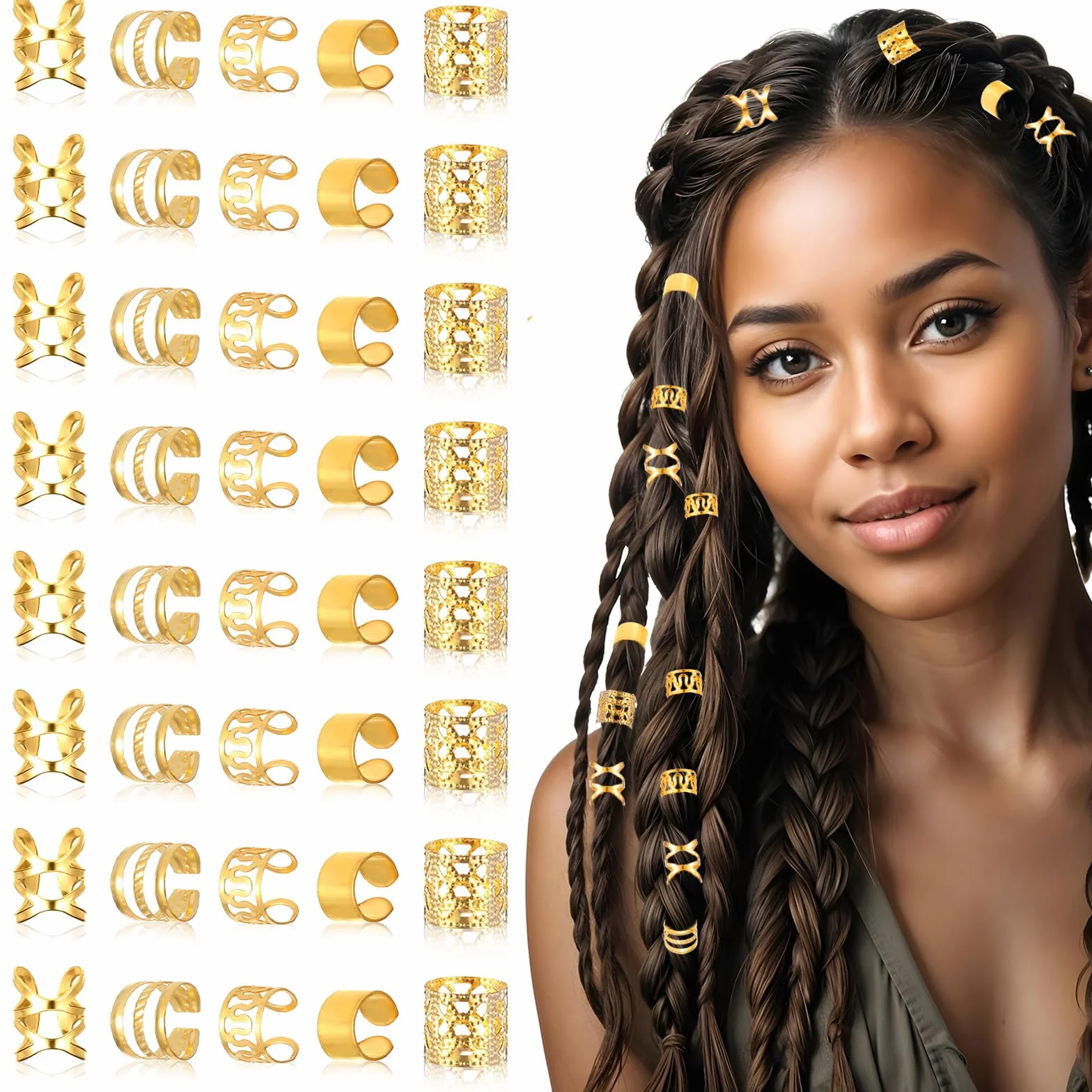 Ouligay 40 piezas joyería dorada para el cabello anillos trenzas ajustable rastas clips accesorios