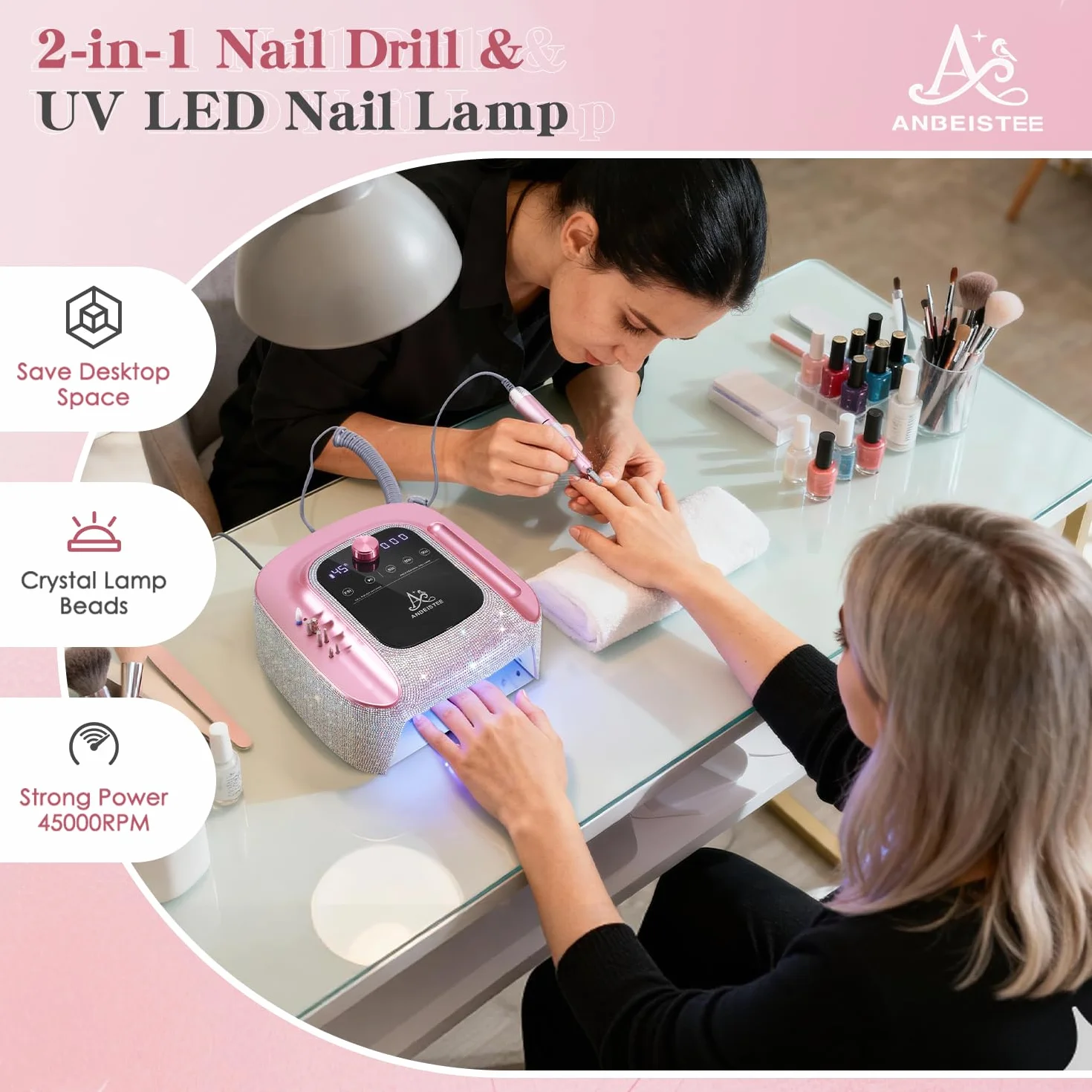 2-en-1 Torno para Uñas y Lámpara Ultravioleta de Uñas, Profesional Recargable 45000 RPM Torno para Uñas, Lámpara de Curado de Secado Rápido de Uñas, Diseñado para el Salón, Casa