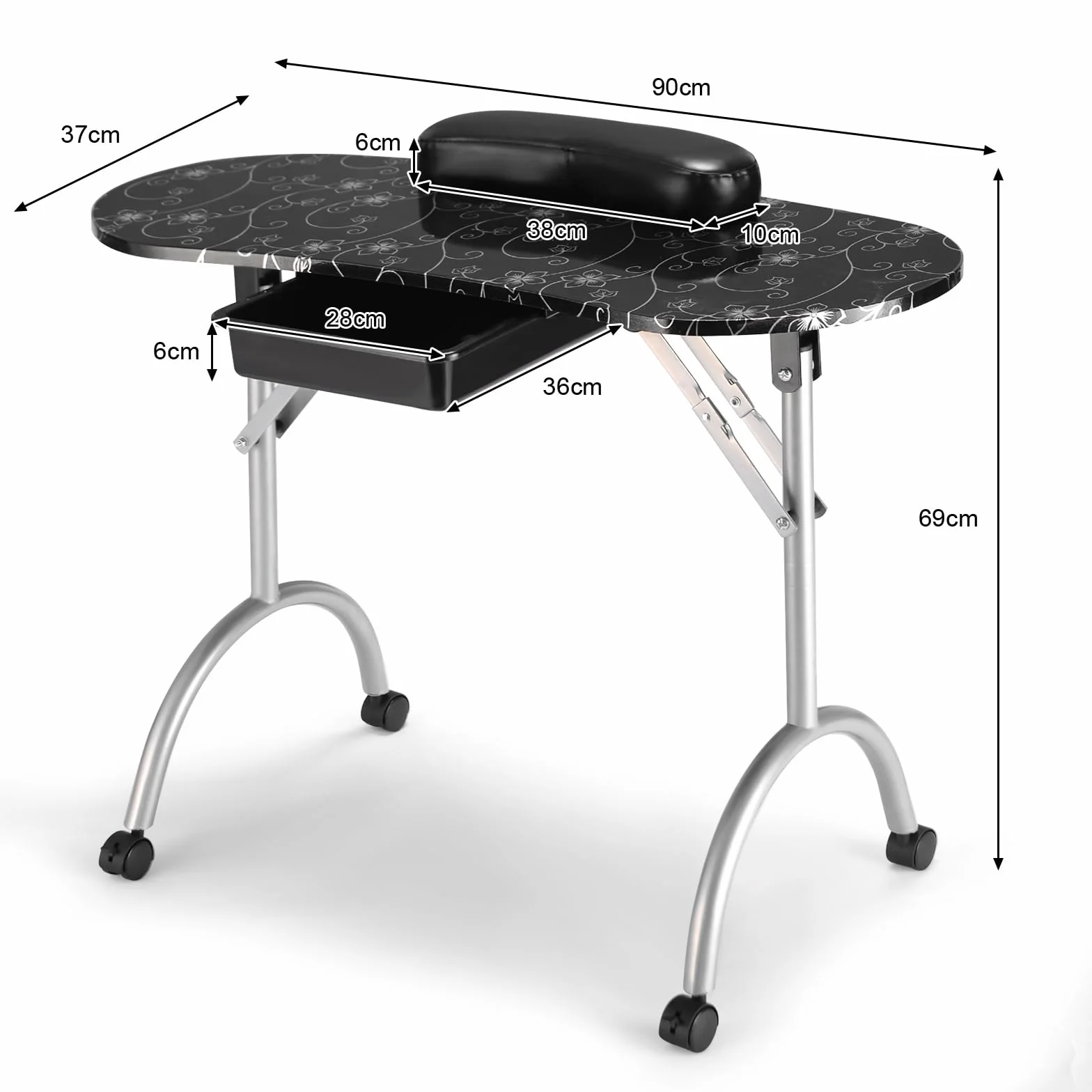 COSTWAY Mesa de Manicura con Ruedas Plegable Portátil con Caja de Almacenamiento y Almohada para la Muñeca para Uña Decoración