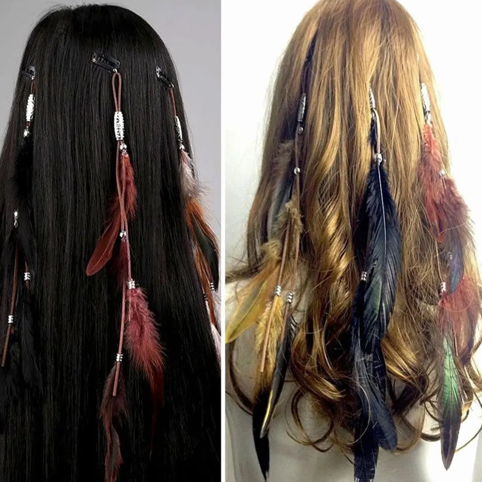 Kit de bricolaje Extensiones de plumas para cabello con cuentas trenzadas diseño llamativo para mujeres cosplay