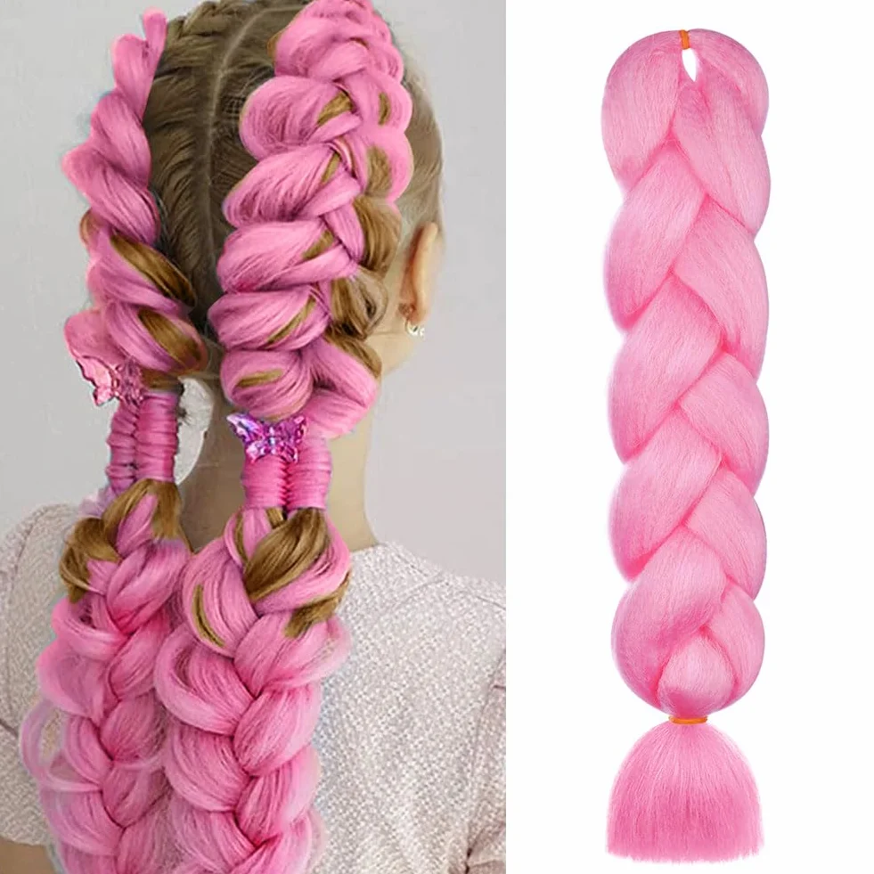 Aomig Extensiones 24" Trenzas Africanas Pelo Sintético Rosa Coleta Postiza Accesorios Cabello Trenzado