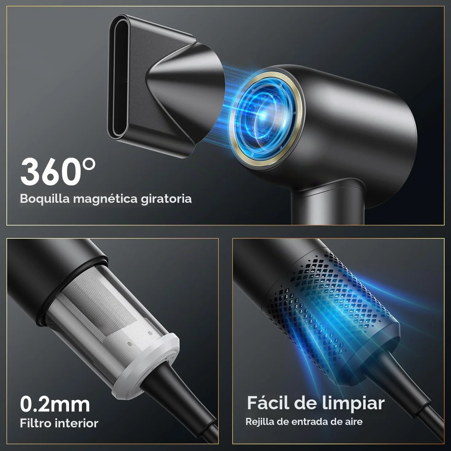 Secador de pelo de iones de 1600 W, GLAM Secador de pelo de secado rápido con concentrador, secador de pelo de salón, 4 calor y 2 velocidades, 200 millones de iones para el hogar, viajes y peluquería