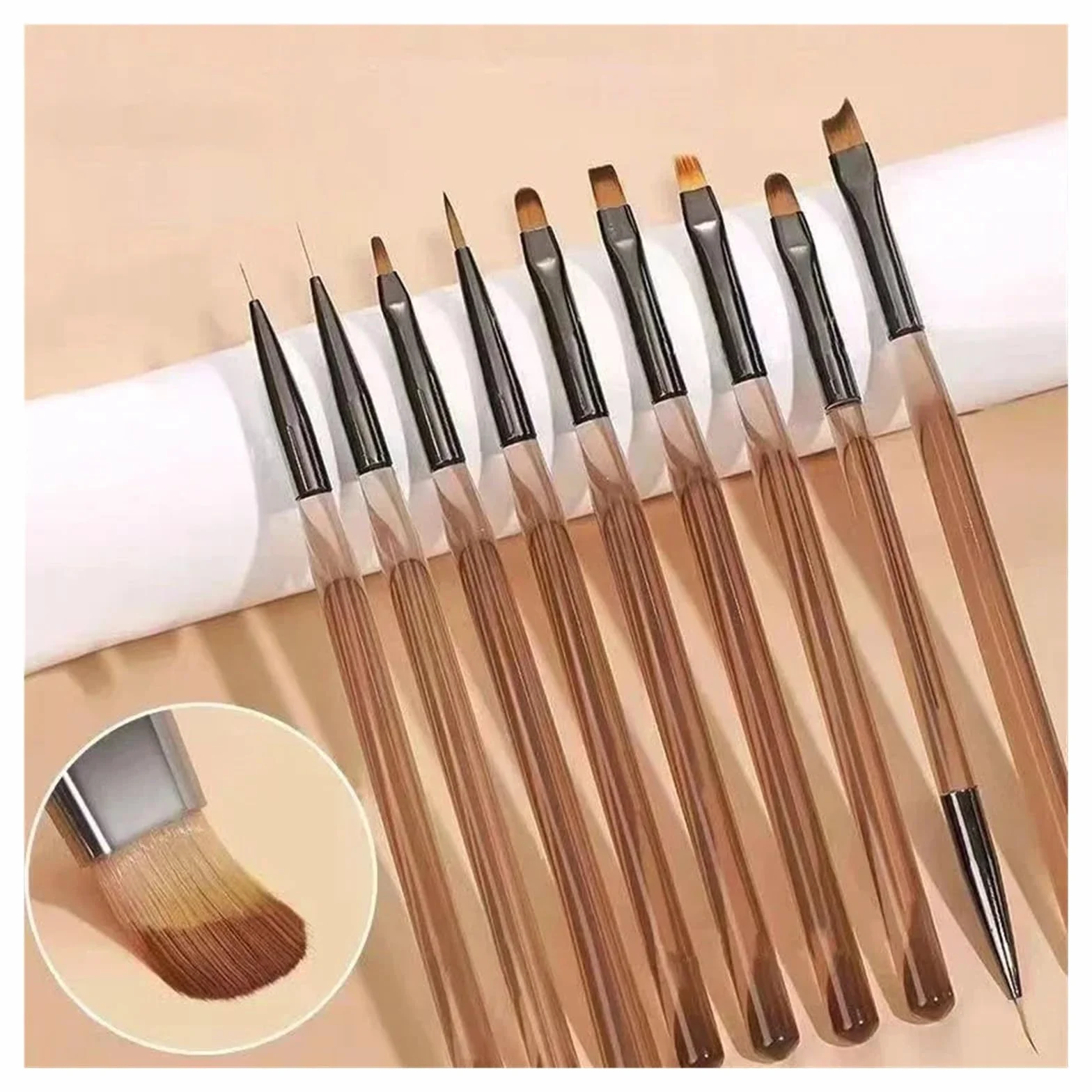cepillado de uñas, 9 pinceles delineadores de uñas gel UV for pintar, for manicura, acrílicos, for diseño, herramienta pintura for exhibición puntas(Transparent Coffee)