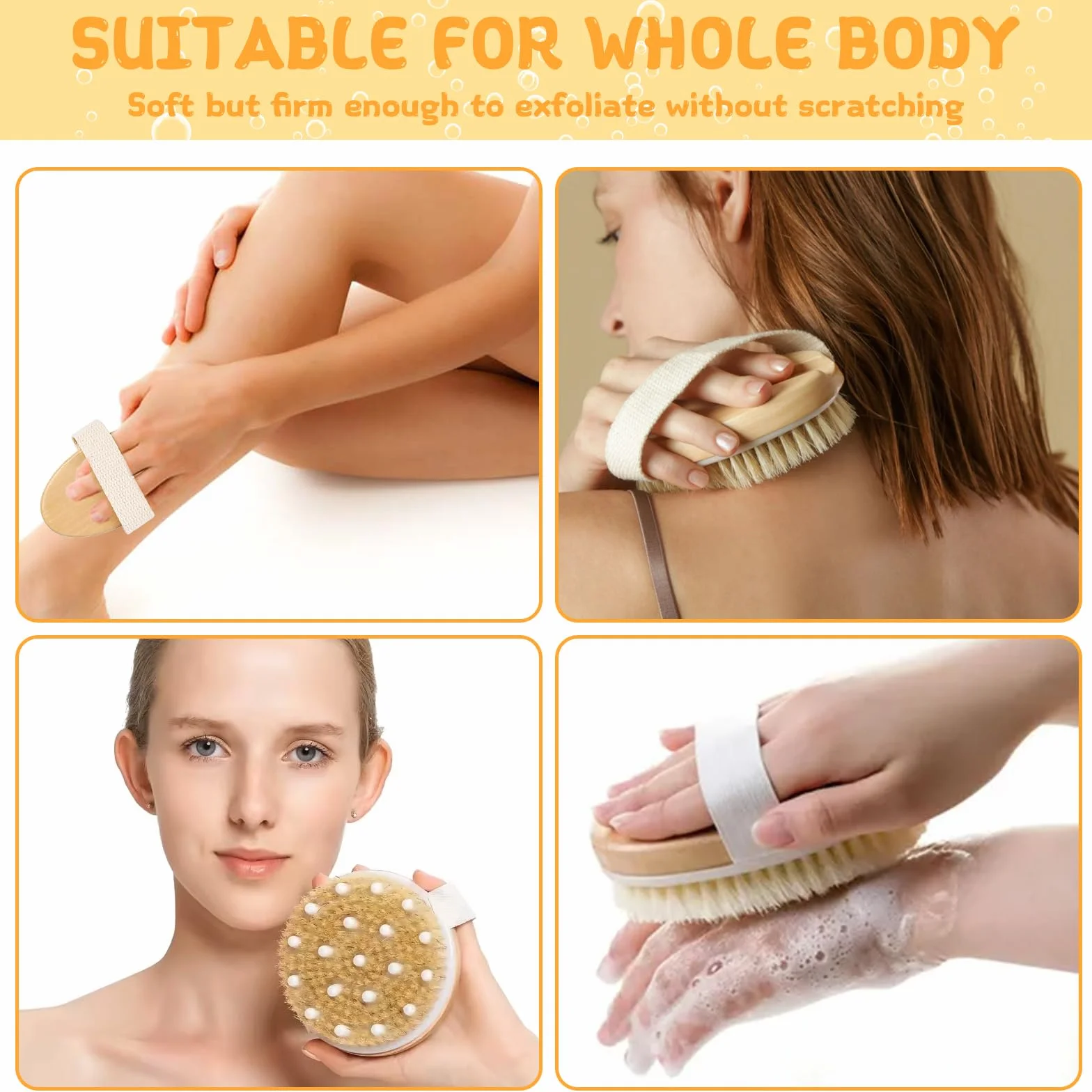 Set de 2 cepillos secos para el cuerpo + cepillo húmedo con cerdas naturales para ducha y masaje
