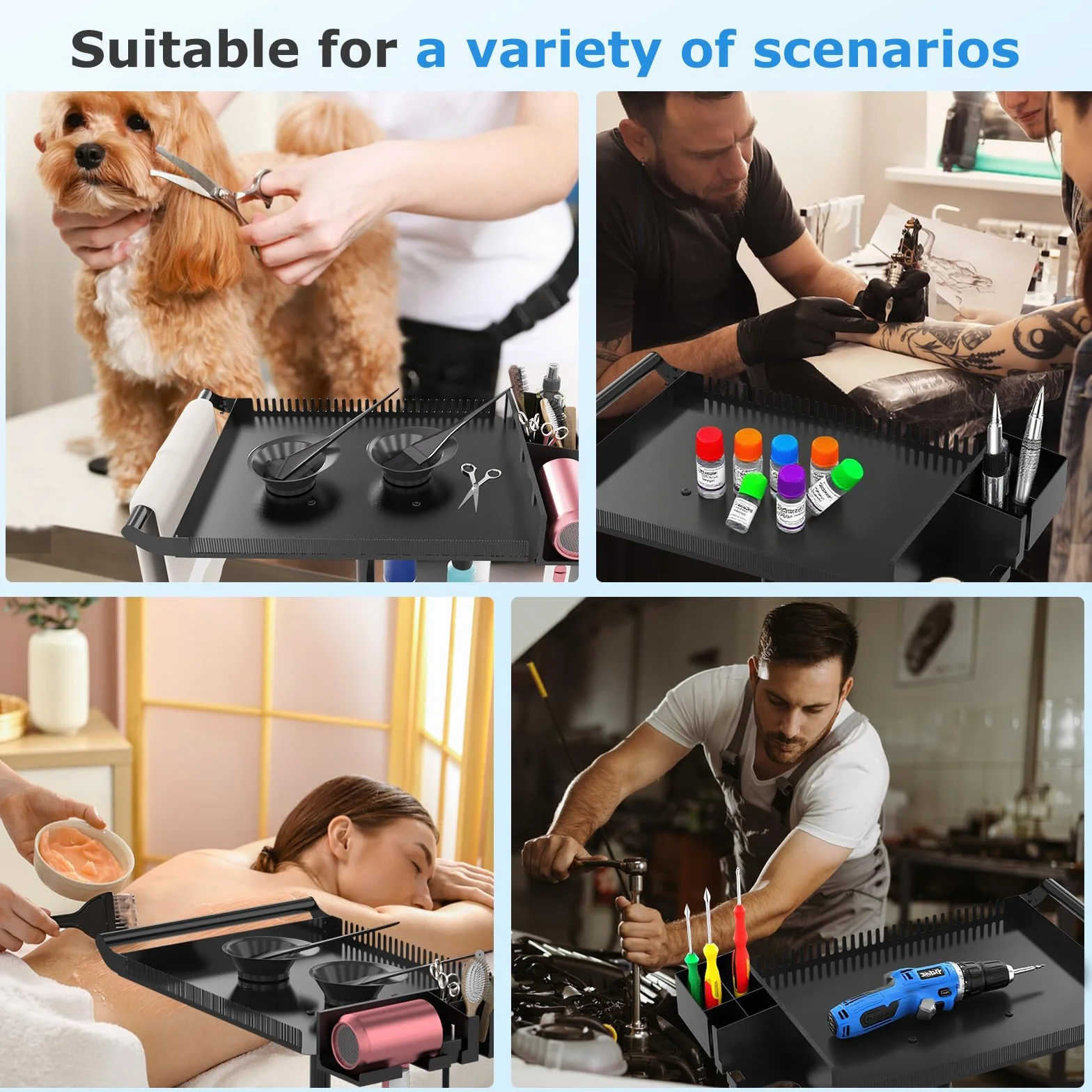 Bandeja de Peluquería con Ruedas, Bandeja de Salón Rodante con Soporte y Soporte Separador de Cabello, Carrito de Salón Bandeja Ajustable con Plataforma de Almacenamiento Cuencos de Tinte y