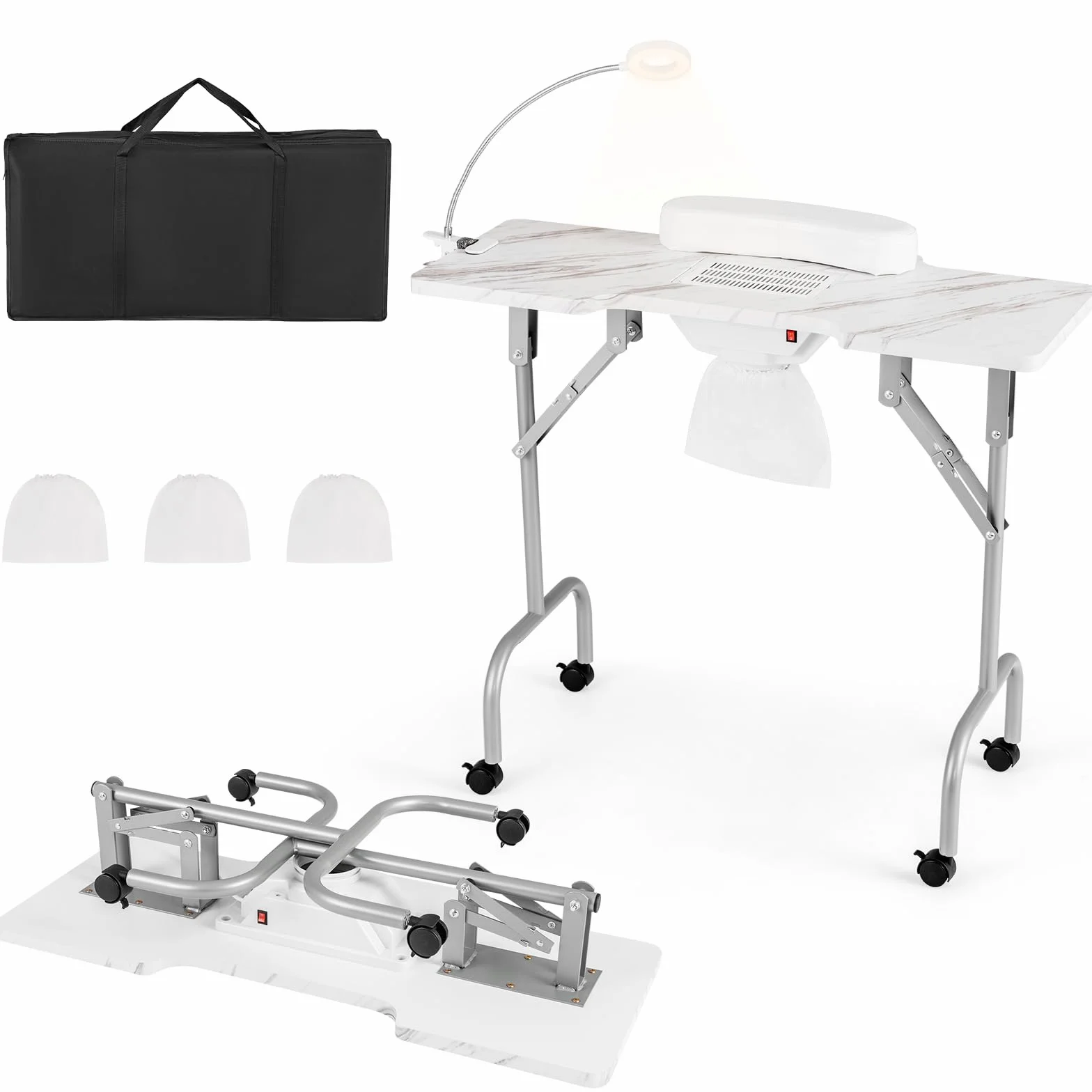 HOMASIS Mesa de manicura con aspiración y bolsa para aspiradora, mesa de manicura con ruedas, mesa de manicura portátil plegable con cojín de mano y bolsa de transporte, mesa de manicura móvil para