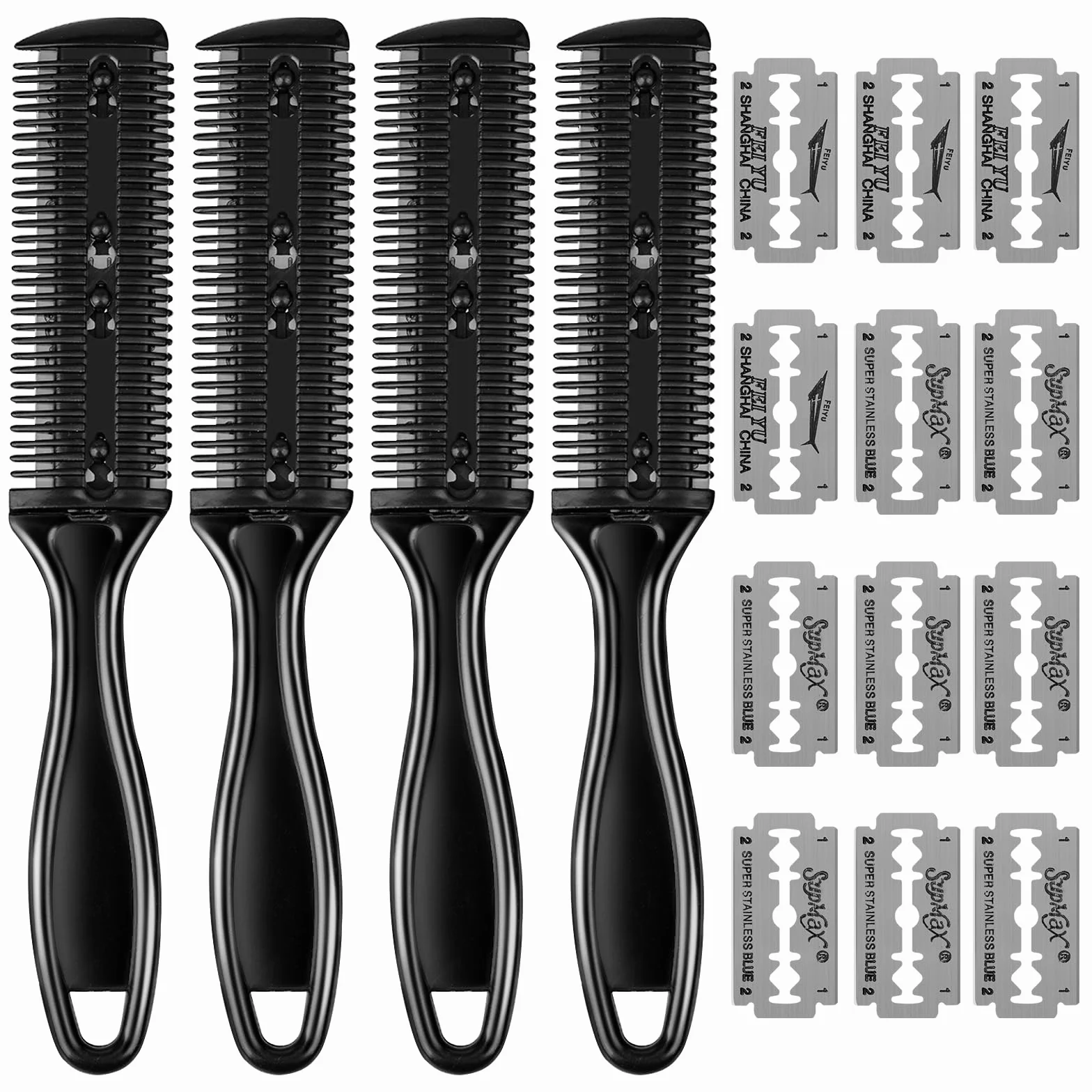 Peine de Afeitar y Corte Profesional 4 Piezas Cortador de Pelo Doble Cara Recortador Plástico con Navaja Kit Peine Adelgazar Cabello 12 Cuchilla Acero Inoxidable