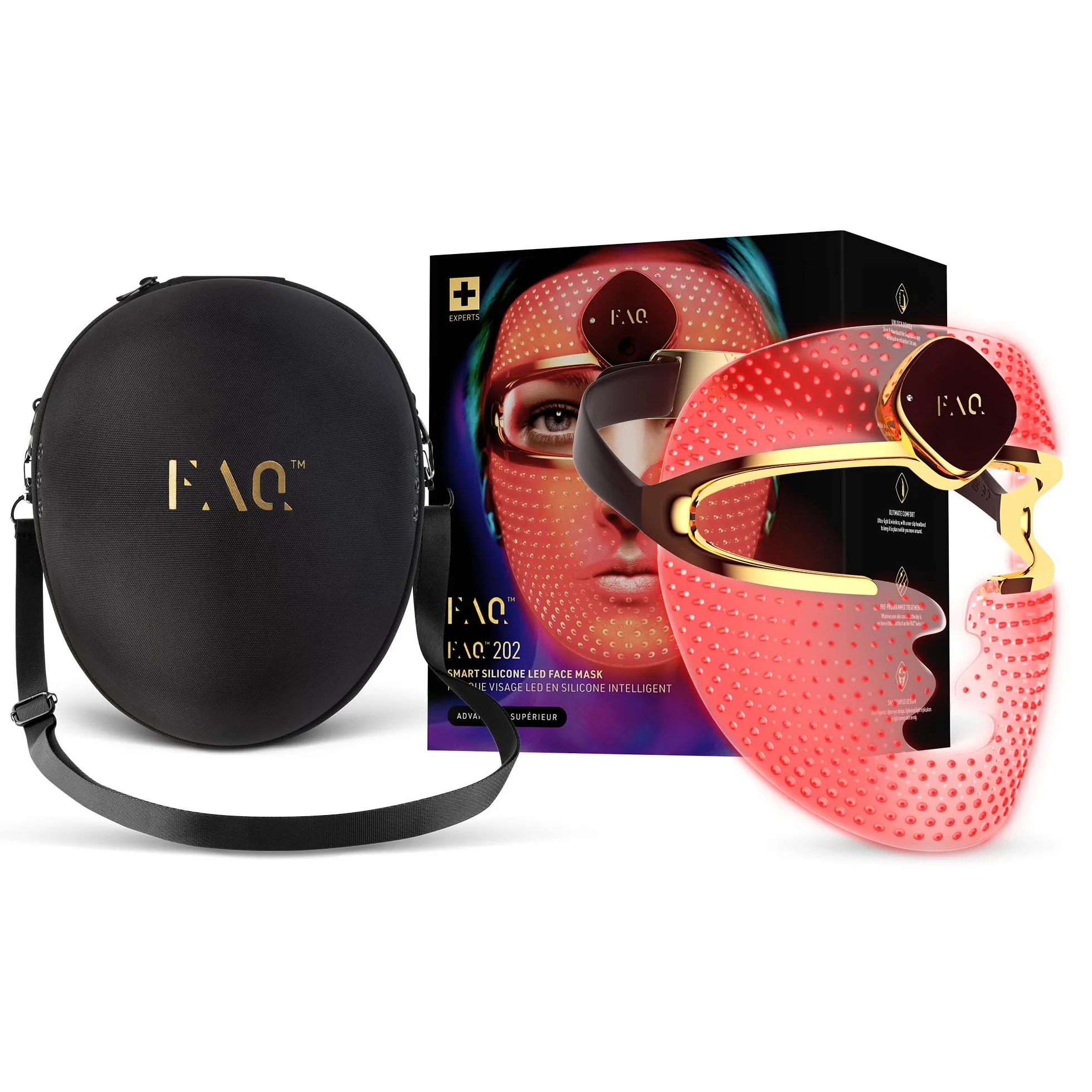 FAQ 202 Máscara facial LED inalámbrica con estuche de viaje - Cuidado antiedad con 8 ajustes - 600 puntos de luz para el tratamiento dirigido y el cuidado facial - Pack de viaje, ligero y duradero