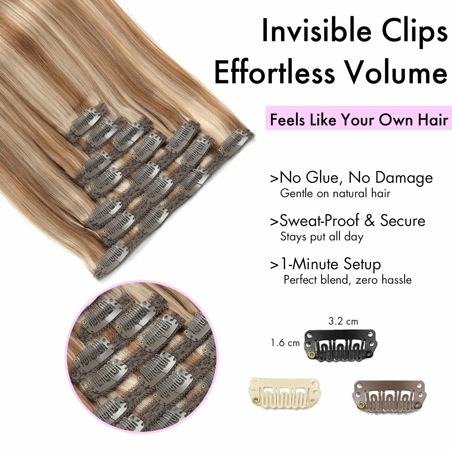 Extensiones de Pelo Natural Clip 60cm 120g 7pcs Human Hair Extension 24Inch