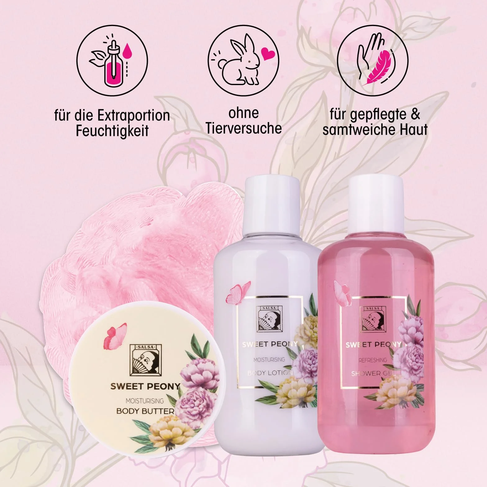 Accentra Set de Regalo SWEET PEONY 4 Piezas Gel de Ducha Loción Corporal Manteca Corporal Esponja