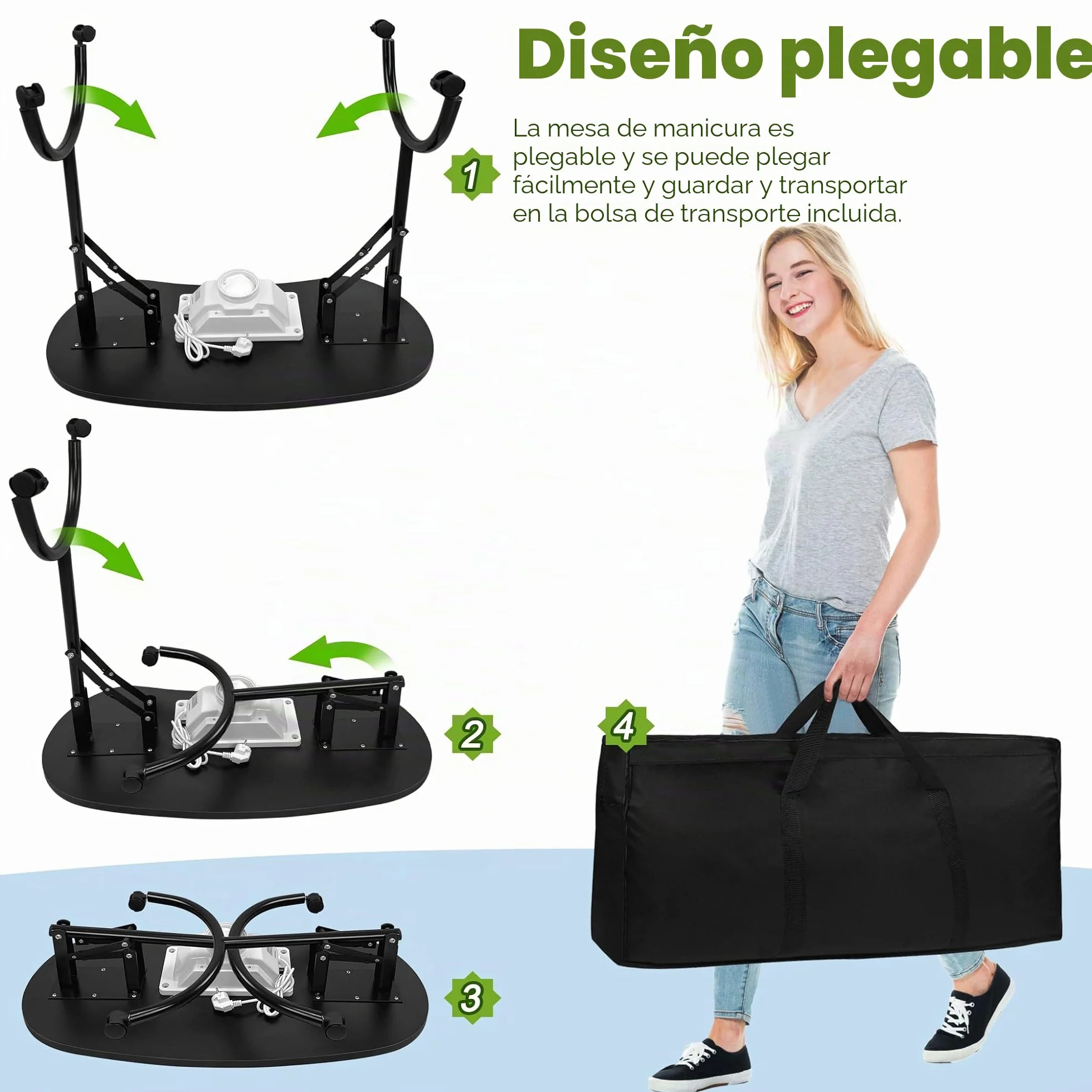UISEBRT Mesa de manicura plegable con aspiración Mesa de uñas portátil Mesa de manicura portátil con ruedas Mesa de manicura móvil, color negro