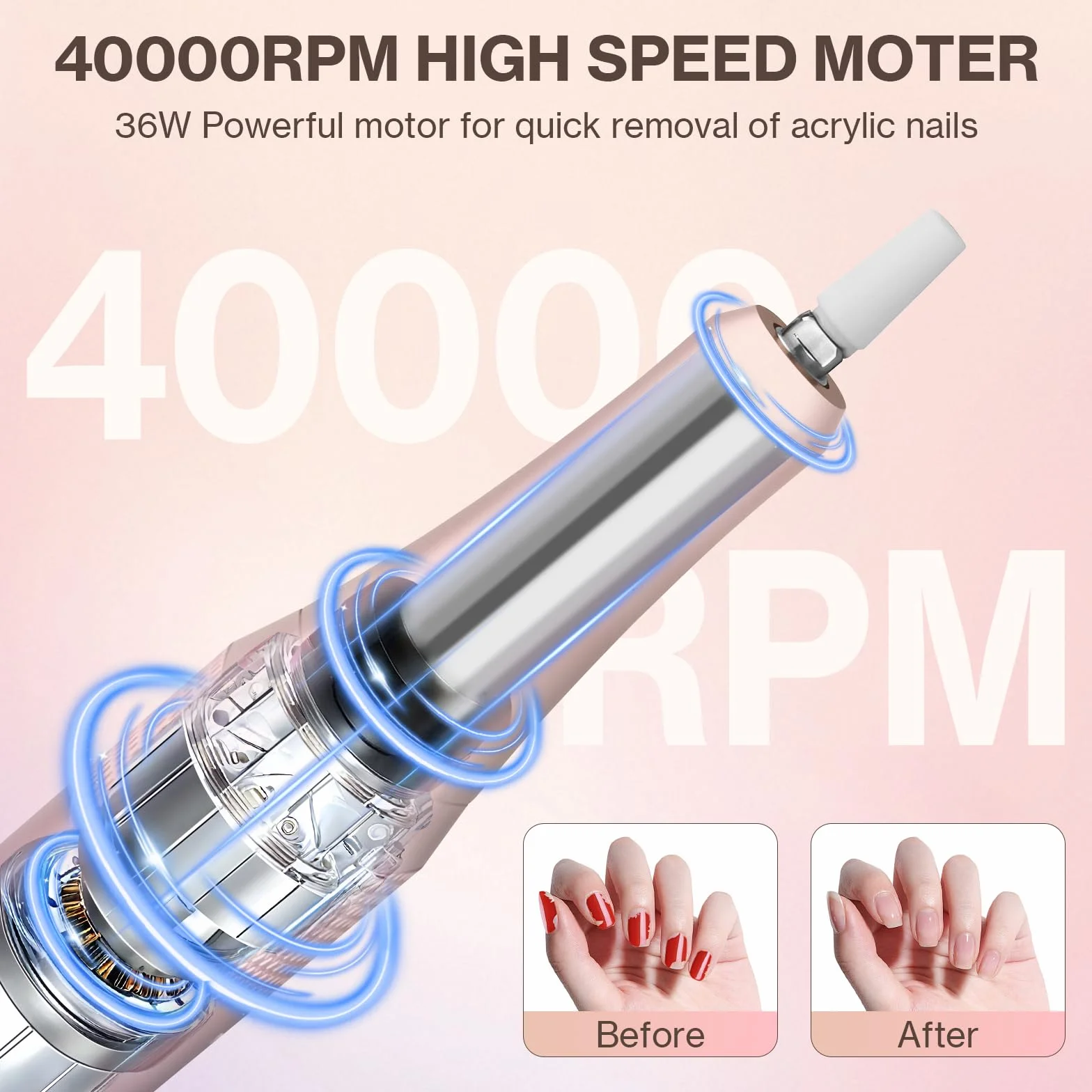 Torno para Uñas,Torno para Uñas Profesional 40000 RPM con 12 Cabezales de Pulido, Pantalla LCD,Control de Botones Iluminados,Silencioso, Lima Electrica Uñas (Rosa)