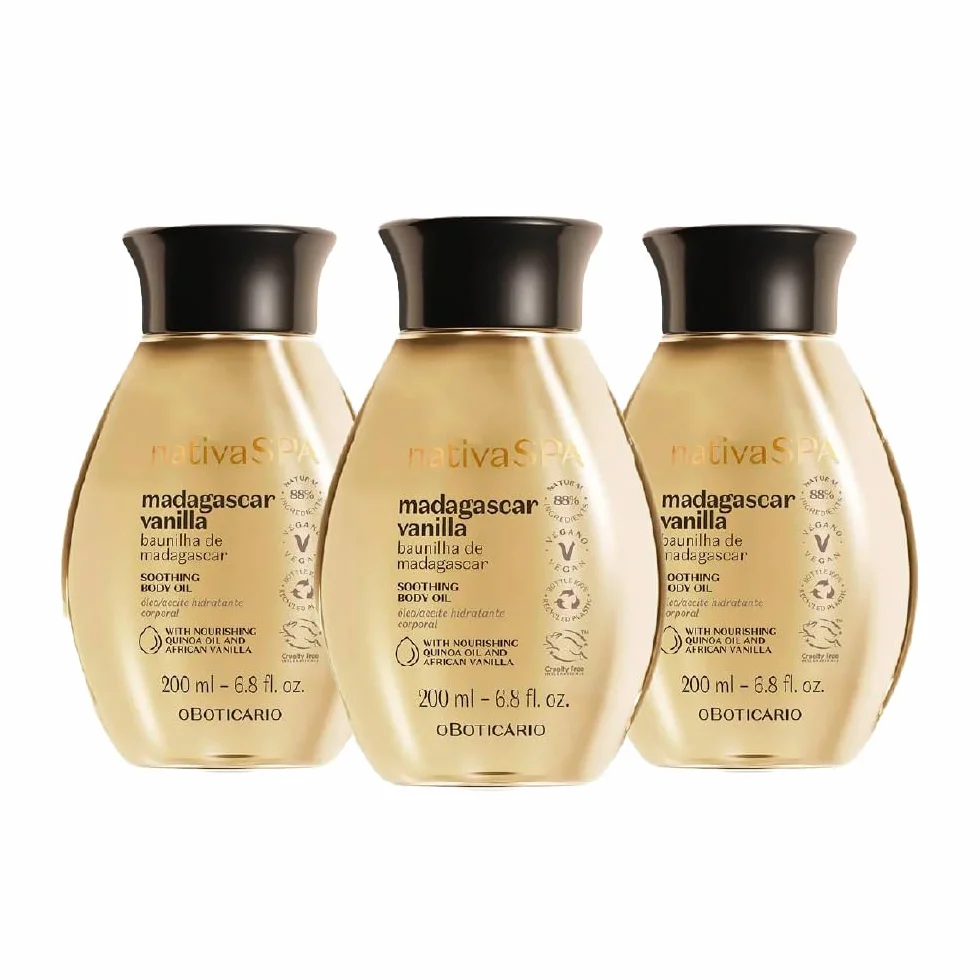 O Boticário | Nativa SPA | Vainilla | Aceite Corporal Perfumado | 3x 200 ml | Vegano | Con Gotas de Quinoa | Hidratación Profunda | Piel Suave y Sedosa | Absorción Rápida | Vainilla de Madagascar