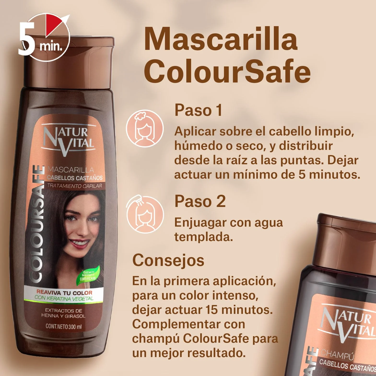 NaturVital Mascarilla de Pelo ColourSafe 300ml con Keratina Vegetal para Cabellos Castaños
