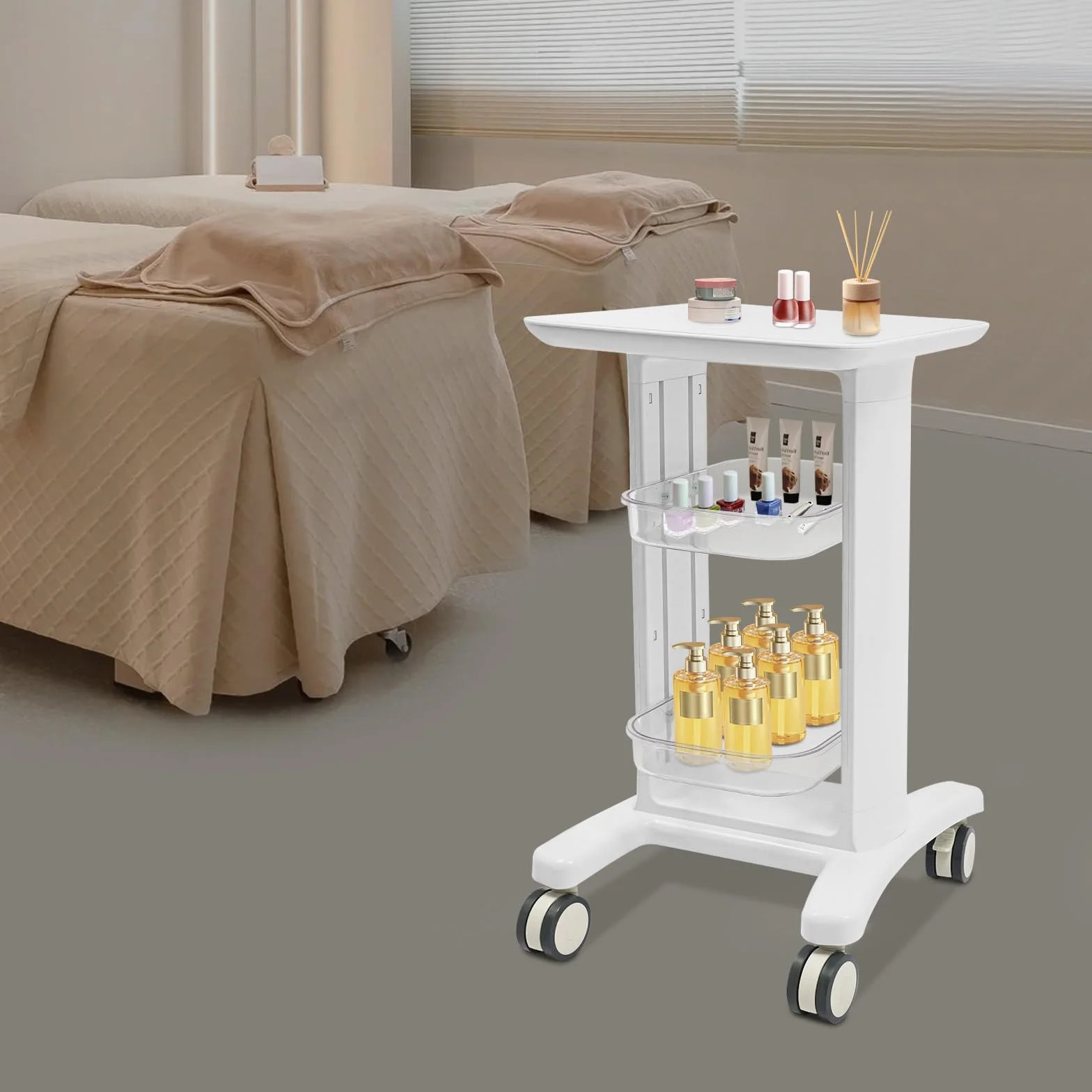 Beauty Salon - Carrito médico con 2 compartimentos y 4 ruedas universales, carrito de cosméticos, carrito de instrumentos para laboratorio, clínica, salón de belleza, color blanco