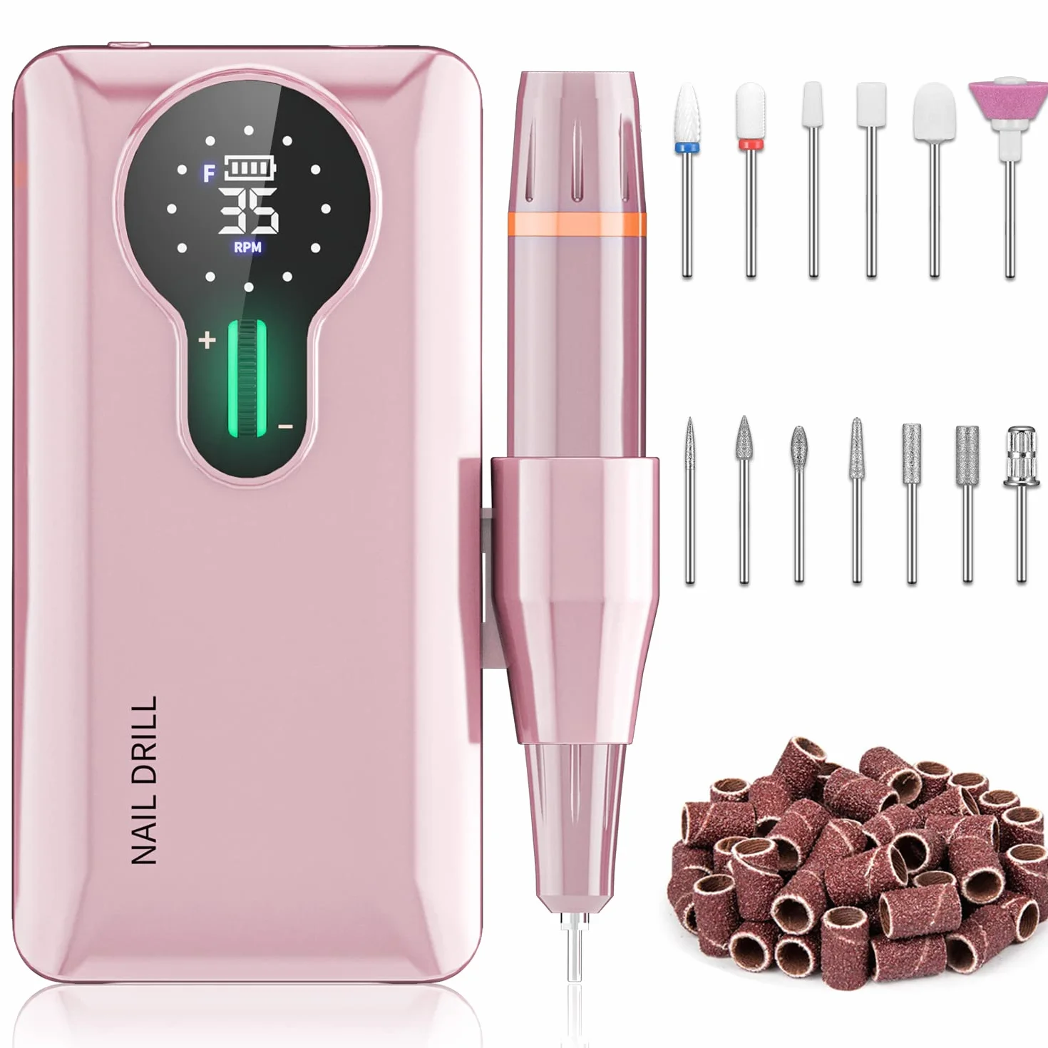 Torno para Uñas Profesional 35000 RPM, Autonomía 20H Lima Eléctrica Inalámbrica para Uñas de Gel y Acrílico, Kit con 13 Brocas y 56 Bandas de Lija, Pantalla LCD, Rosa (S506)