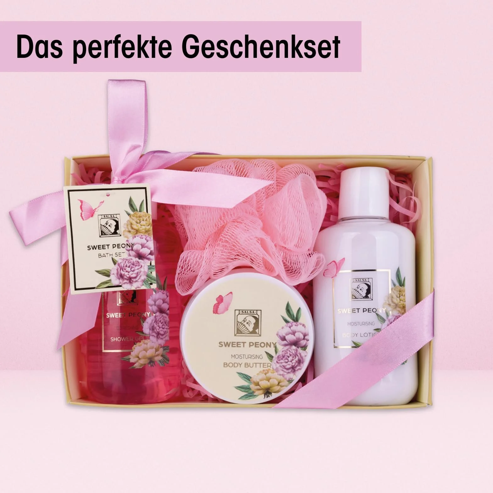 Accentra Set de Regalo SWEET PEONY 4 Piezas Gel de Ducha Loción Corporal Manteca Corporal Esponja