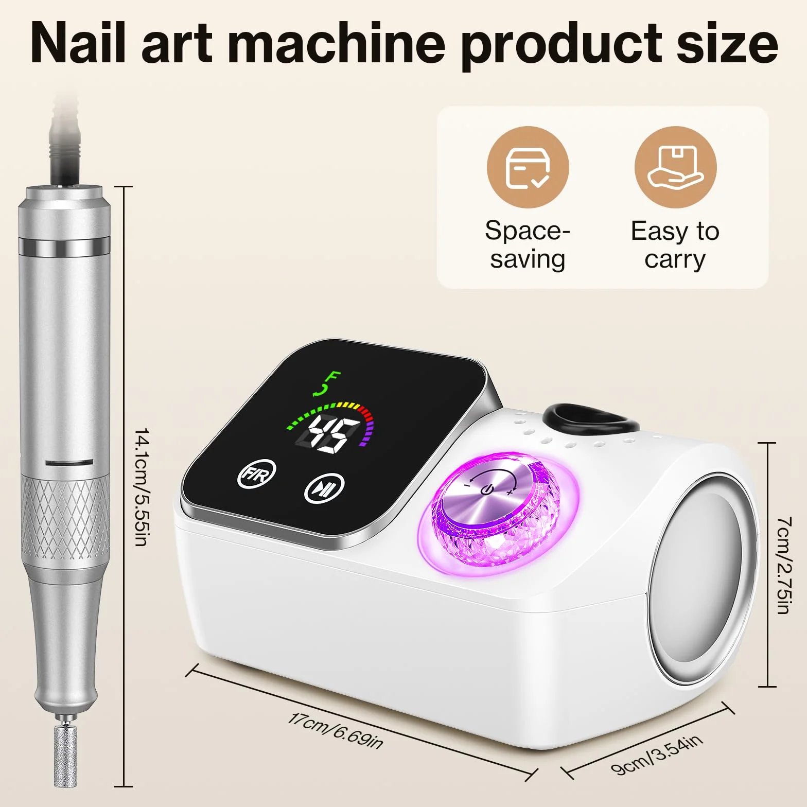 Torno para Uñas,Torno para Uñas Profesional 45000 RPM,con 12 Cabezales de Pulido, Pantalla táctil LCD,Perilla de cristal,Lima portátil para uñas acrílicas y de gel (Blanco)
