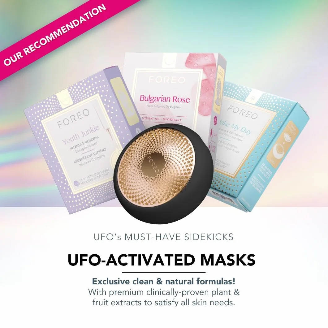 FOREO UFO 2 Tratamiento de máscara LED facial, luz LED espectro completo, crioterapia y masajeador facial, mejora absorción cuidado piel, Black