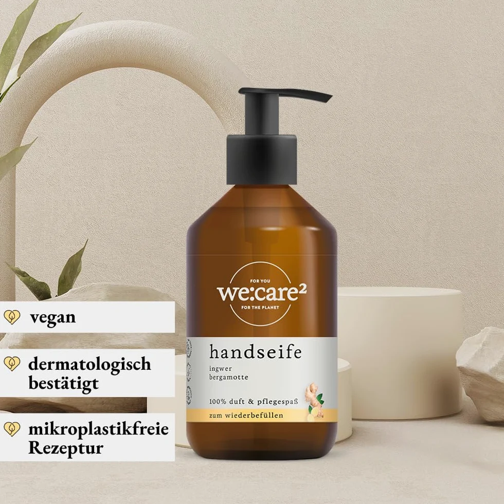 we:care² 6 x jabón de manos 250 ml jengibre/bergamota - Jabón líquido sostenible y vegano sin siliconas, parabenos y microplásticos - Jabón líquido - Dispensador de jabón de manos - Lavado a mano
