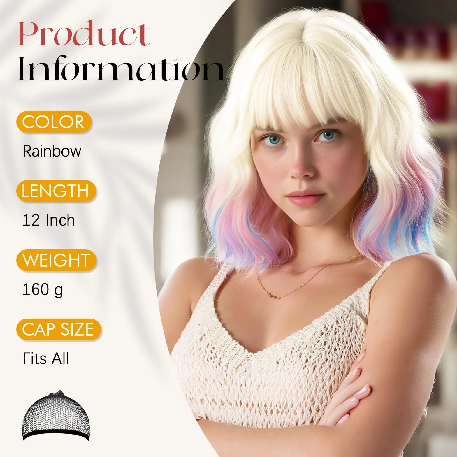 Sofeiyan Peluca Bob Mujer 30 cm Arcoíris Corta Ondulada Flequillo Sintética Resistente Calor