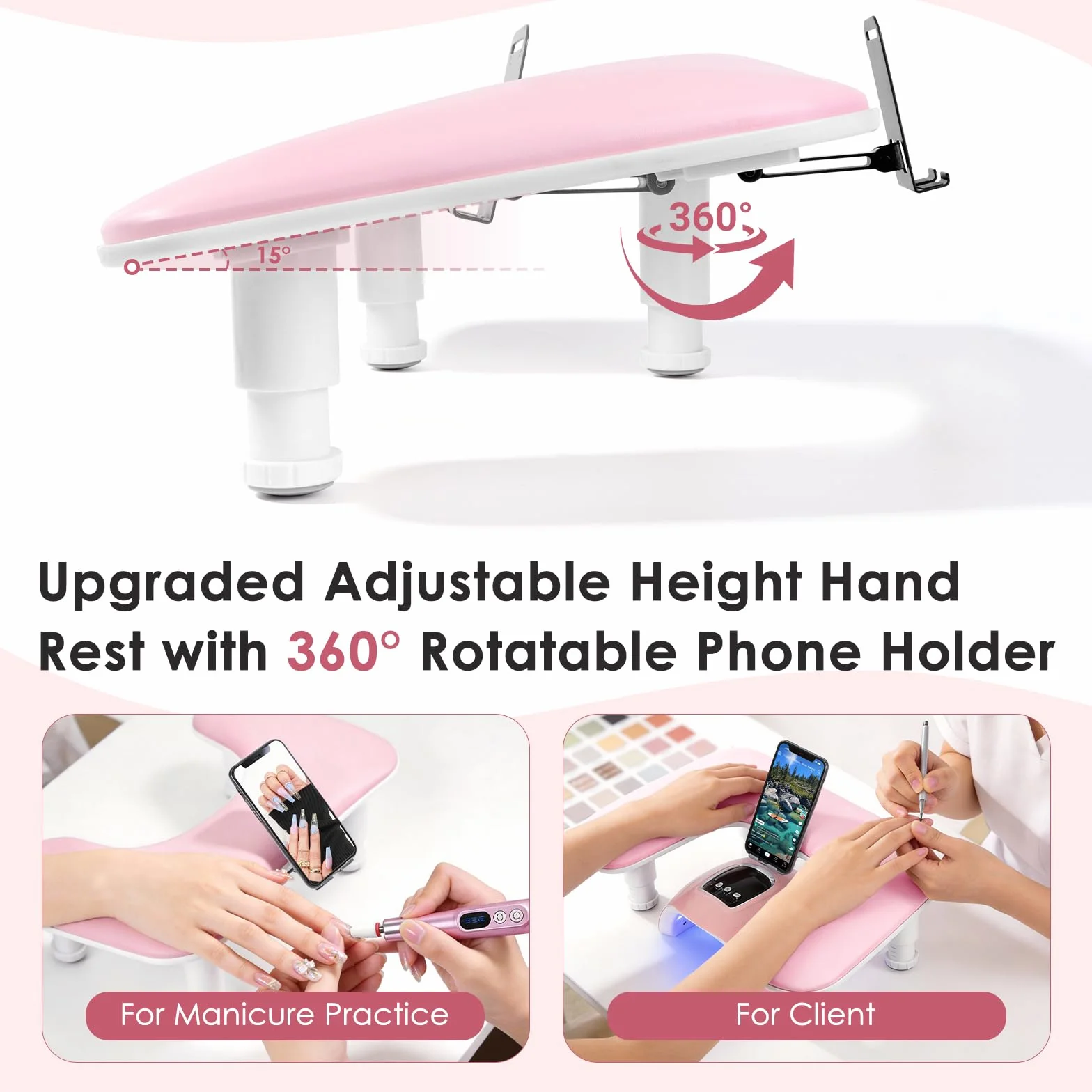 Reposabrazos para uñas para la mano: cojín de mano ajustable con altura y soporte para teléfono giratorio de 360° – Reposabrazos para uñas de cuero PU rosa para uso en salón de uñas y en casa