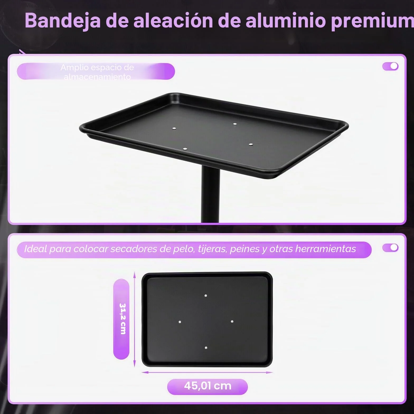 Carro de aluminio para tatuadores con ruedas, altura ajustable (Negro)