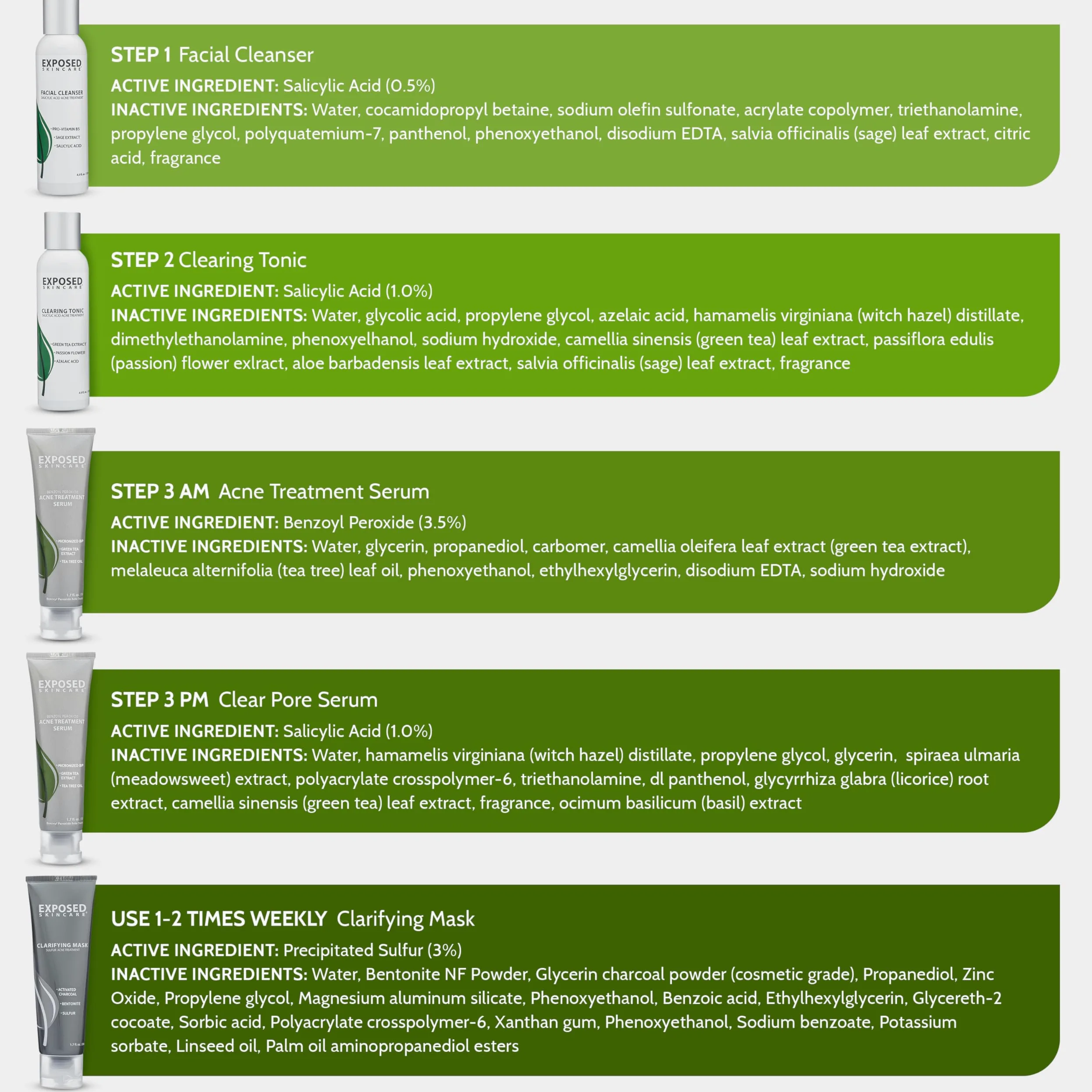 Exposed Skin Care Kit de tratamiento para el acné - Solución natural para el acné para el rostro, todos los tipos de piel y edades - Contiene detergente, tónico, suero, suero limpiador de poros