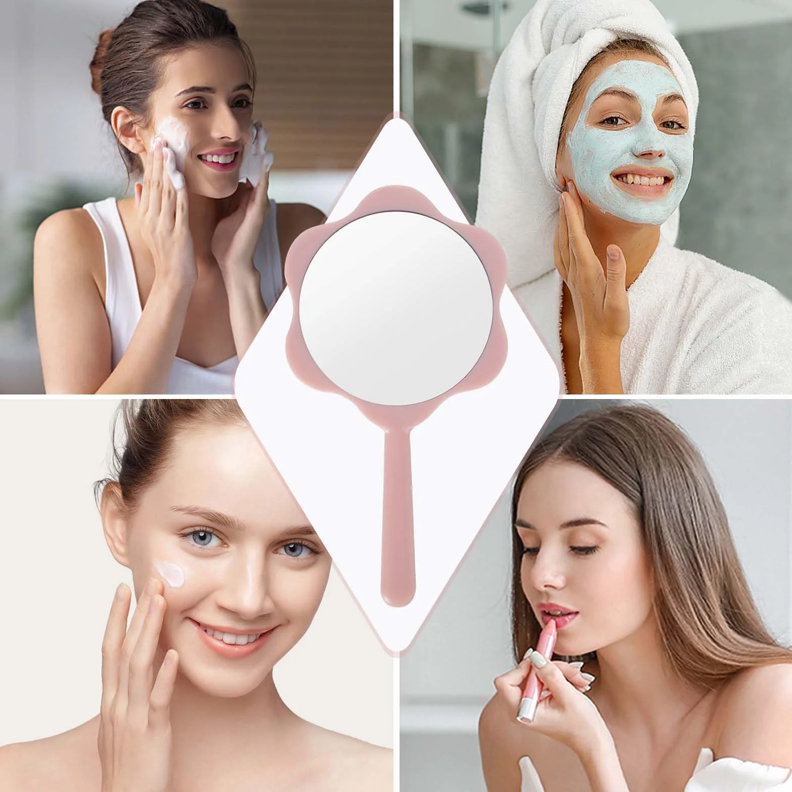 Espejo de mano flor con asa para maquillaje y peinado portátil rosa