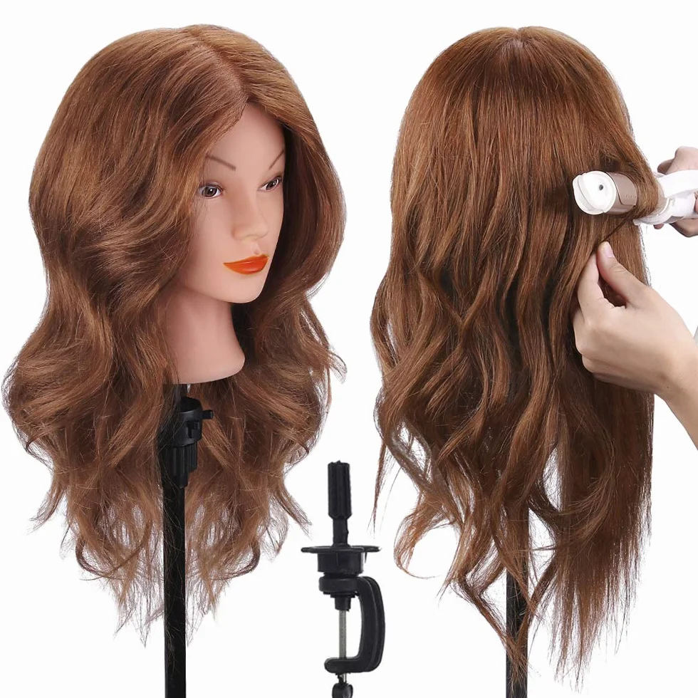 TopDirect 18" Cabeza de Maniquí Cabello Humano Real para Practicas Peluquería con Soporte de Mesa