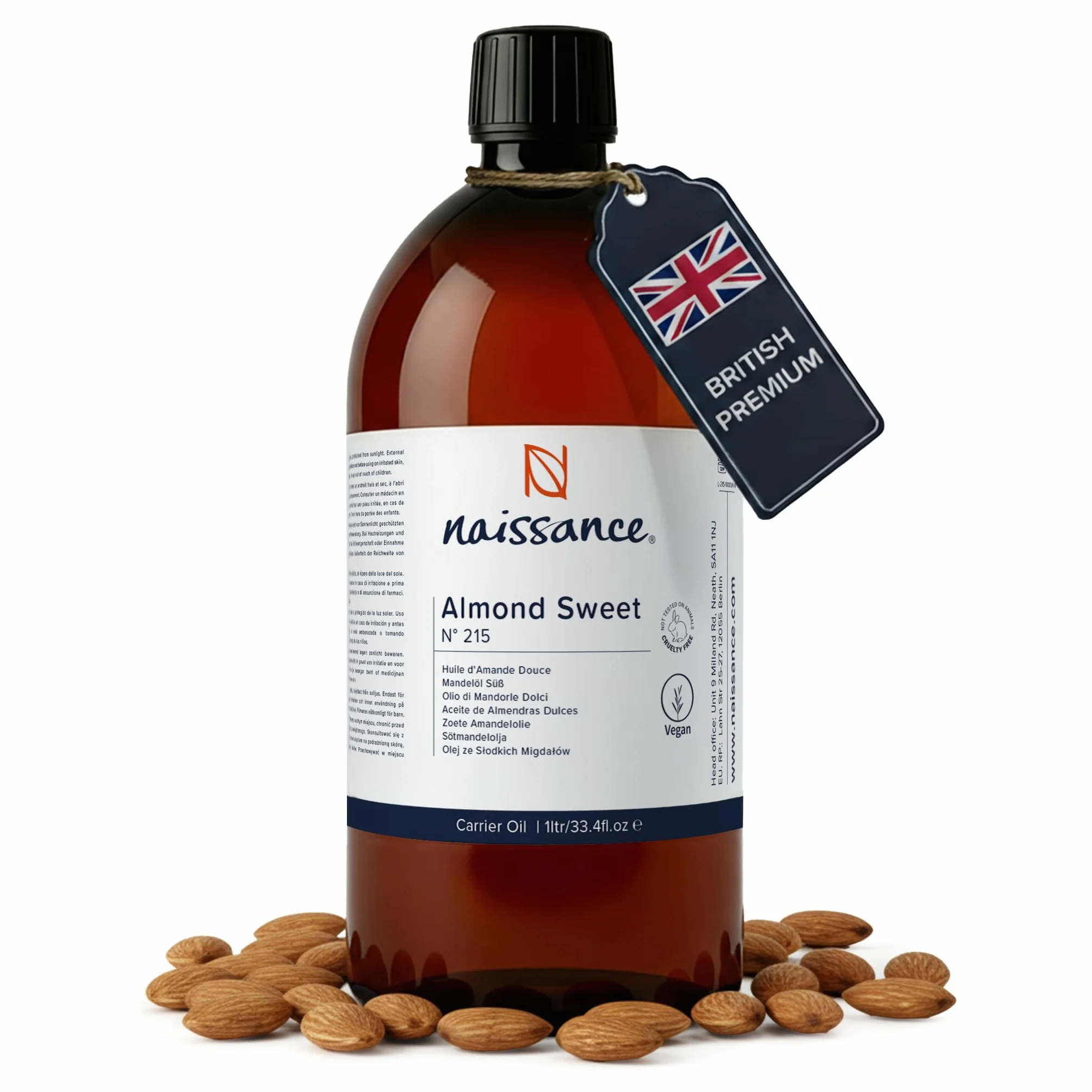 Naissance Aceite De Almendras Dulces Prensado en Frio 1L - Hidratante y Emoliente Cuidado Cara, Pelo, Uñas